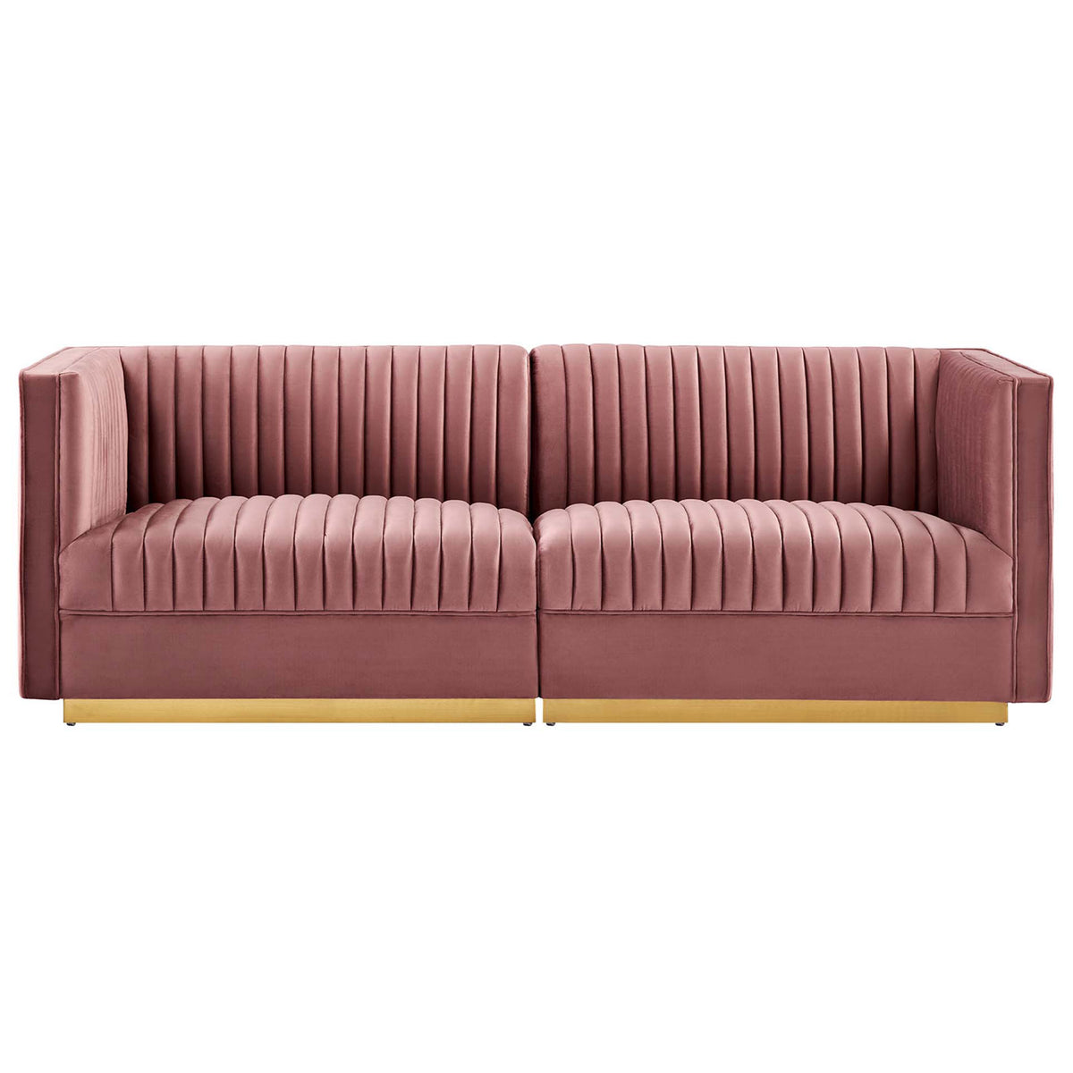 Dusty rose channel tufted velvet loveseat with double seats and a sleek gold base || EEI-5824-DUS || front_studio