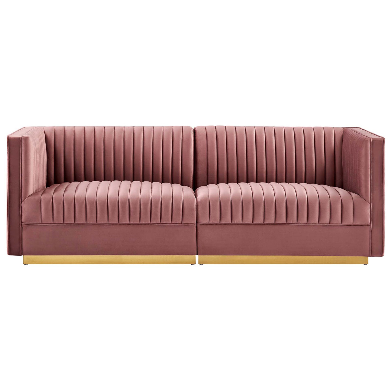 Dusty rose channel tufted velvet loveseat with double seats and a sleek gold base || EEI-5824-DUS || front_studio