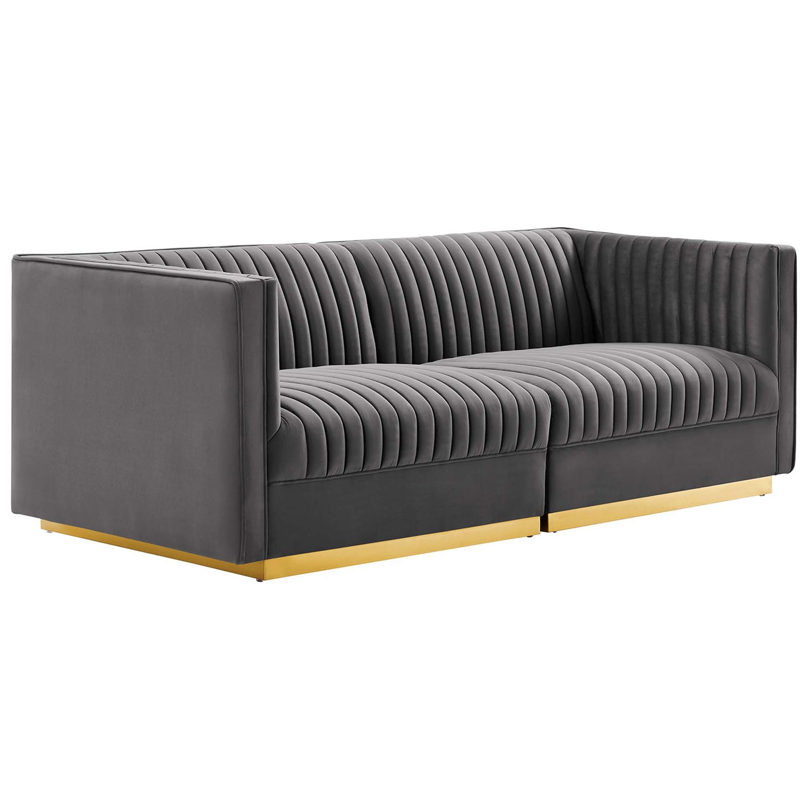 Gray channel-tufted velvet loveseat with deep seating and a sleek gold base for modern glam comfort || EEI-5824-GRY || front_angle_studio