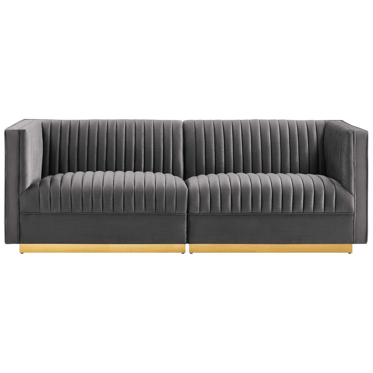 Symmetrical gray velvet channel-tufted loveseat with generous two-seat design and gleaming gold platform base || EEI-5824-GRY || front_studio