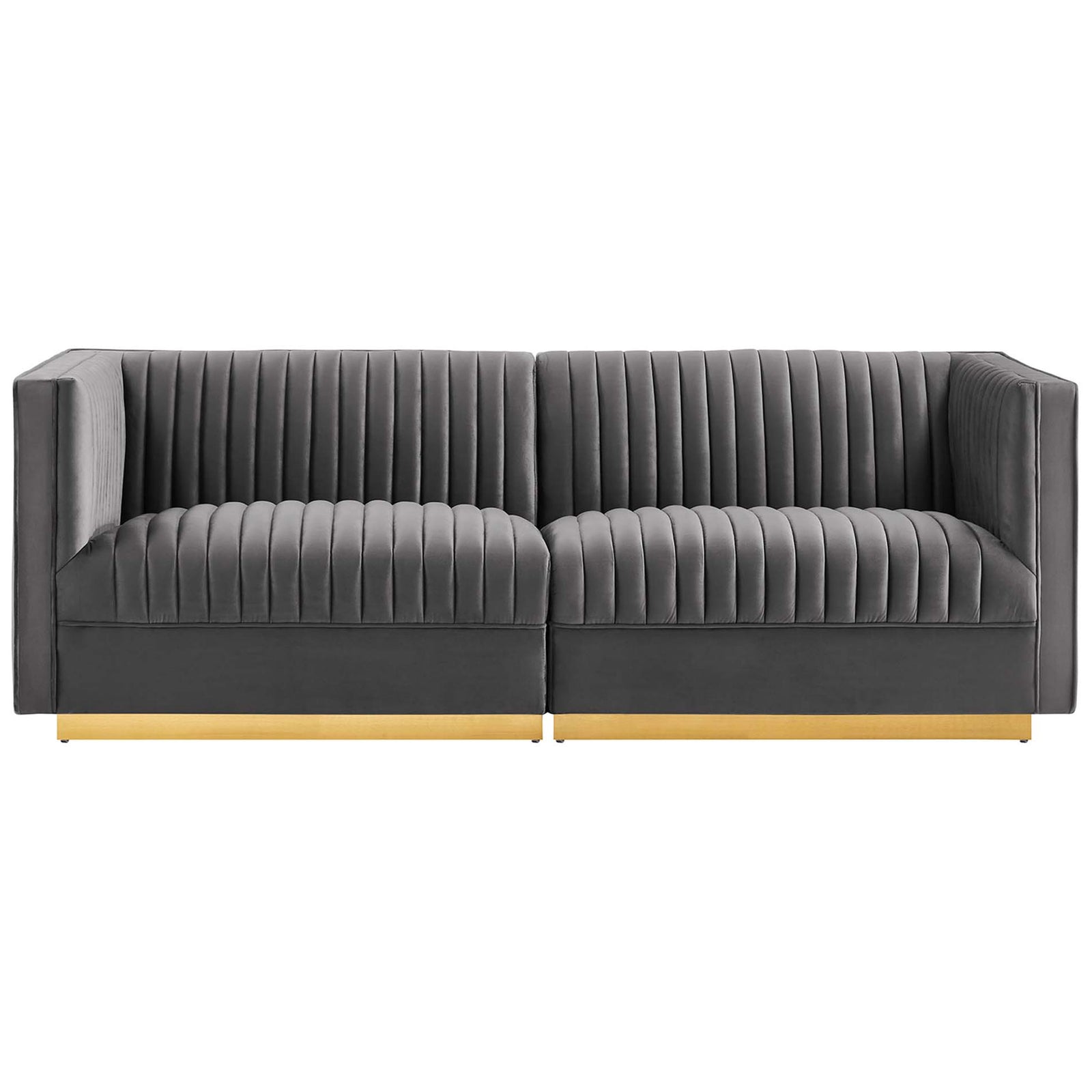 Symmetrical gray velvet channel-tufted loveseat with generous two-seat design and gleaming gold platform base || EEI-5824-GRY || front_studio