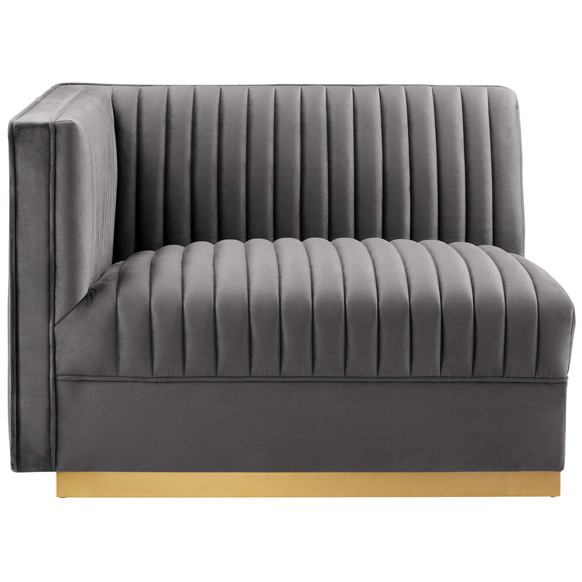Profile of gray performance velvet modular seat highlighting thick cushioning and striking gold foundation || EEI-5824-GRY || front_partial_studio