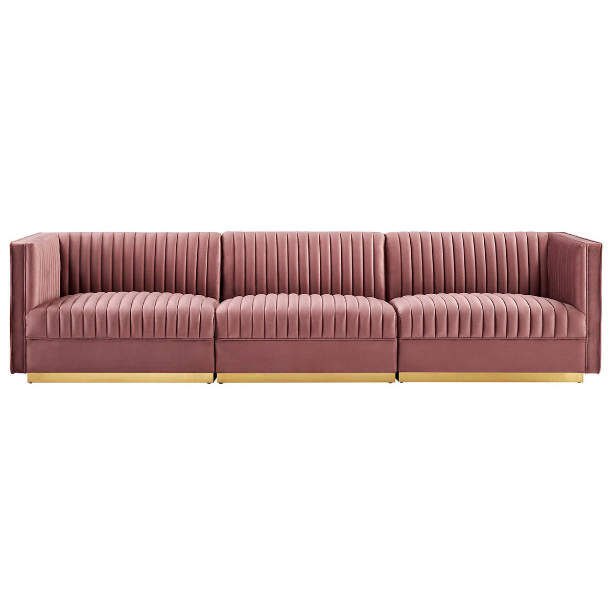 Straight-line modular sofa in dusty rose performance velvet with vertical channel tufting and gold platform base || EEI-5825-DUS || front_studio