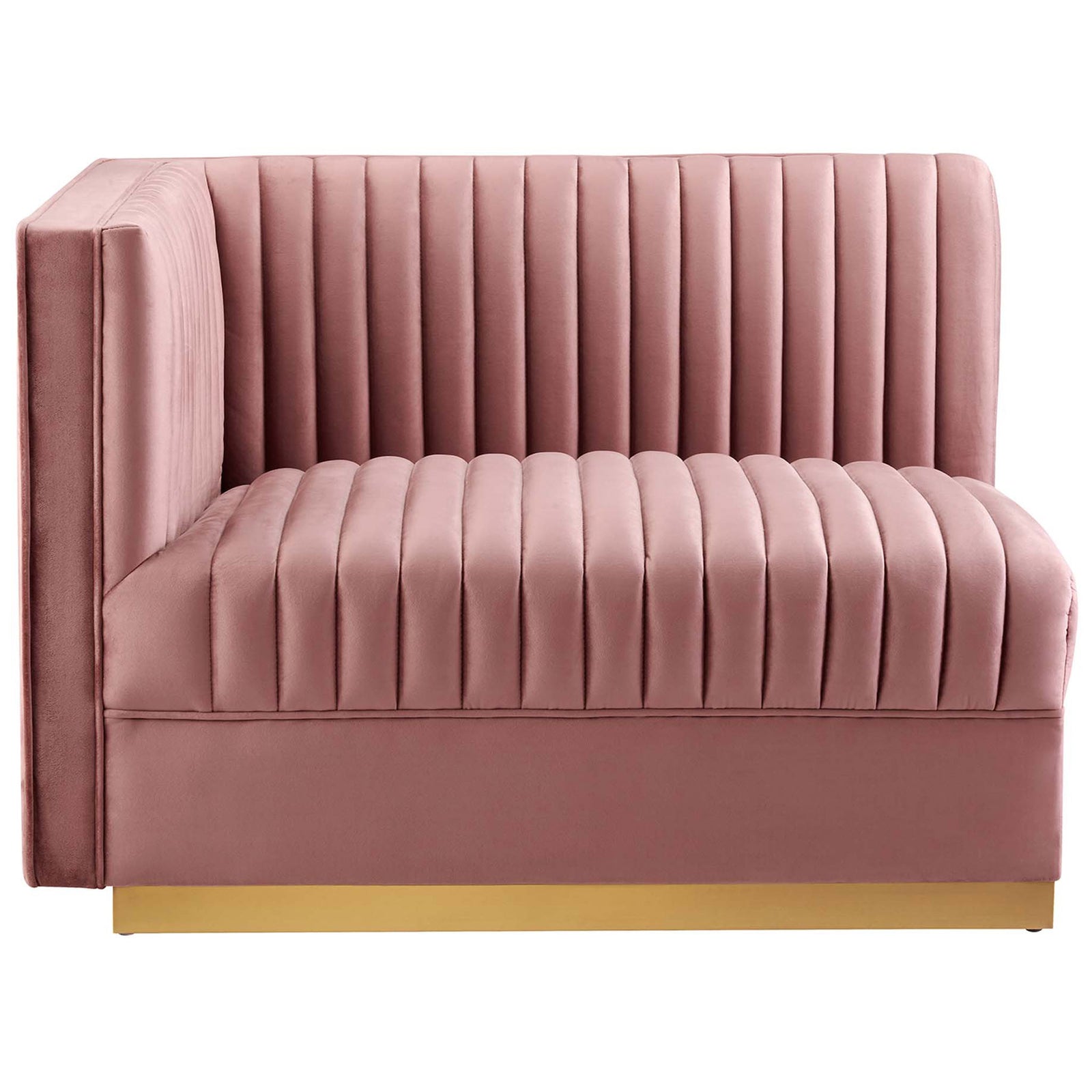Curved modular sofa seat with plush channel cushions and wrapped dusty rose velvet upholstery || EEI-5825-DUS || front_partial_studio