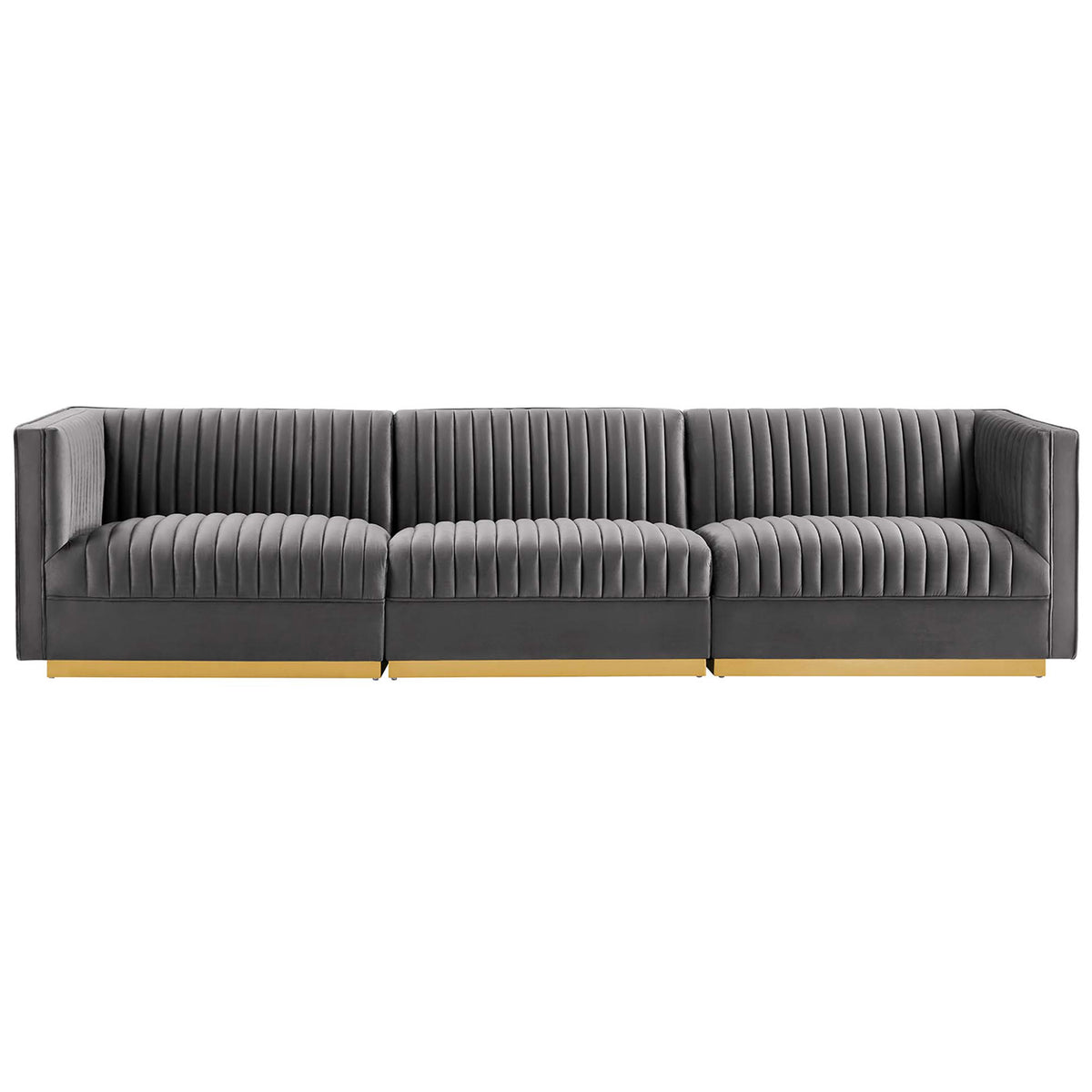 Sophisticated gray 3-seat performance velvet sectional with deep channel tufting and a sleek gold base || EEI-5825-GRY || front_studio