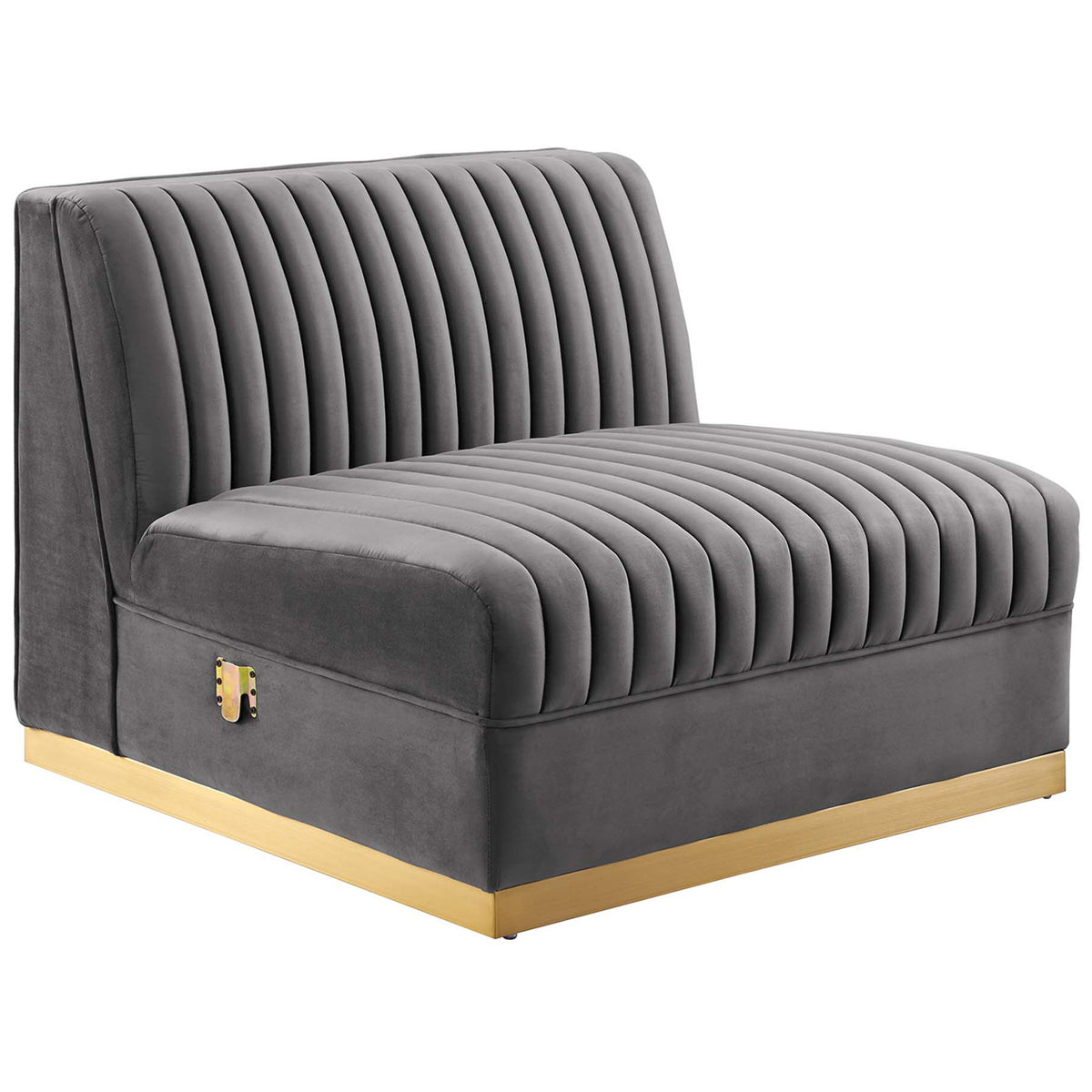 Armless gray channel tufted modular seat in plush performance velvet with a chic gold base || EEI-5825-GRY || front_angle_partial_studio