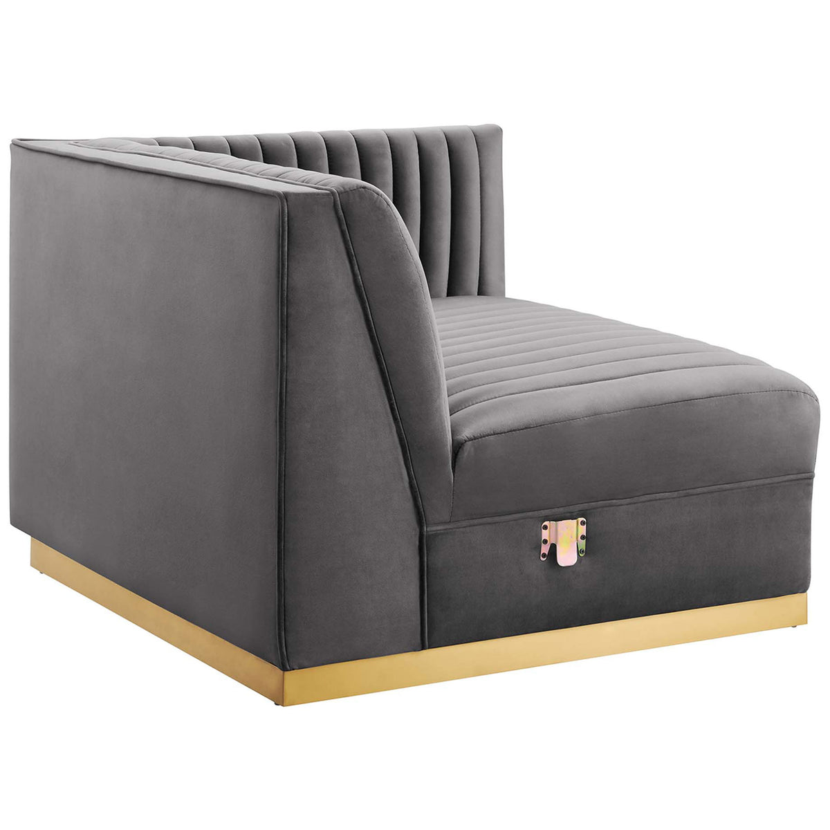 Back view of gray modular corner sofa seat revealing tailored upholstery and gold base || EEI-5825-GRY || back_angle_partial_studio