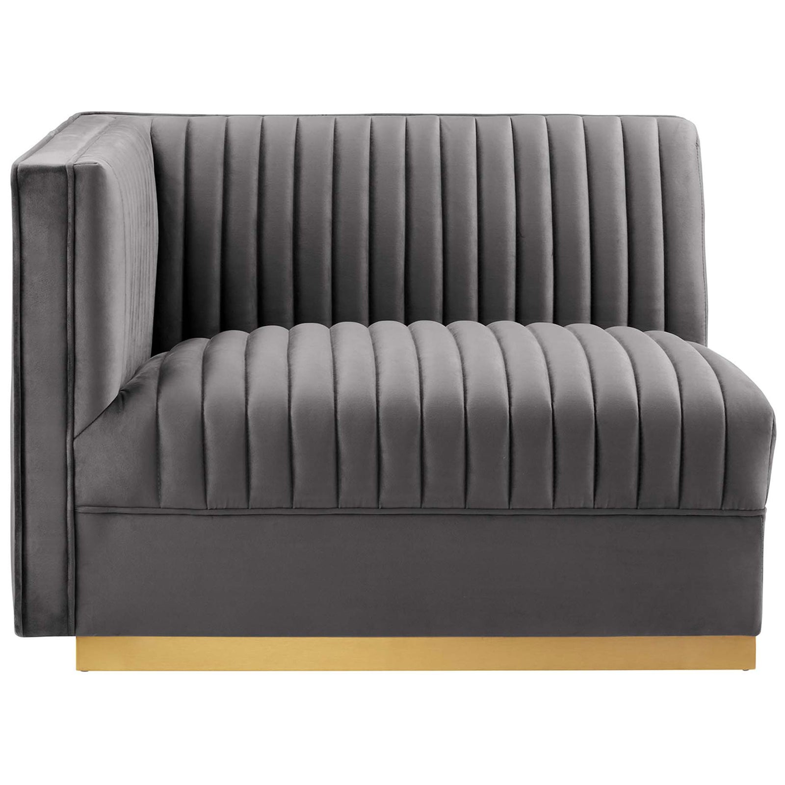 Gray modular end sofa chair with one shelter arm, vertical channel tufting, and gold plinth base || EEI-5825-GRY || front_partial_studio