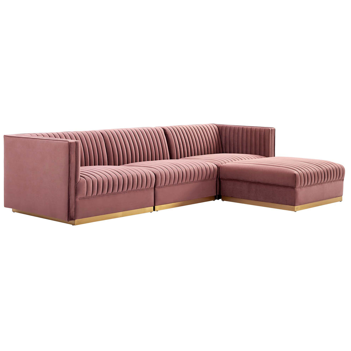 Dusty rose velvet modular sectional with right chaise, channel tufting, and sleek gold base. || EEI-5826-DUS || front_angle_studio