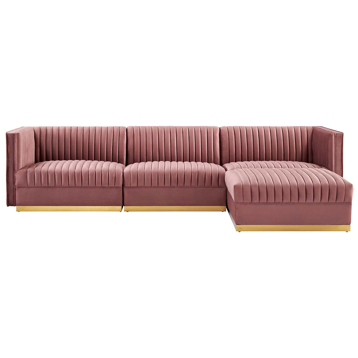 Reversible dusty rose modular sectional with right chaise, channel tufting, and gold platform base. || EEI-5826-DUS || front_studio
