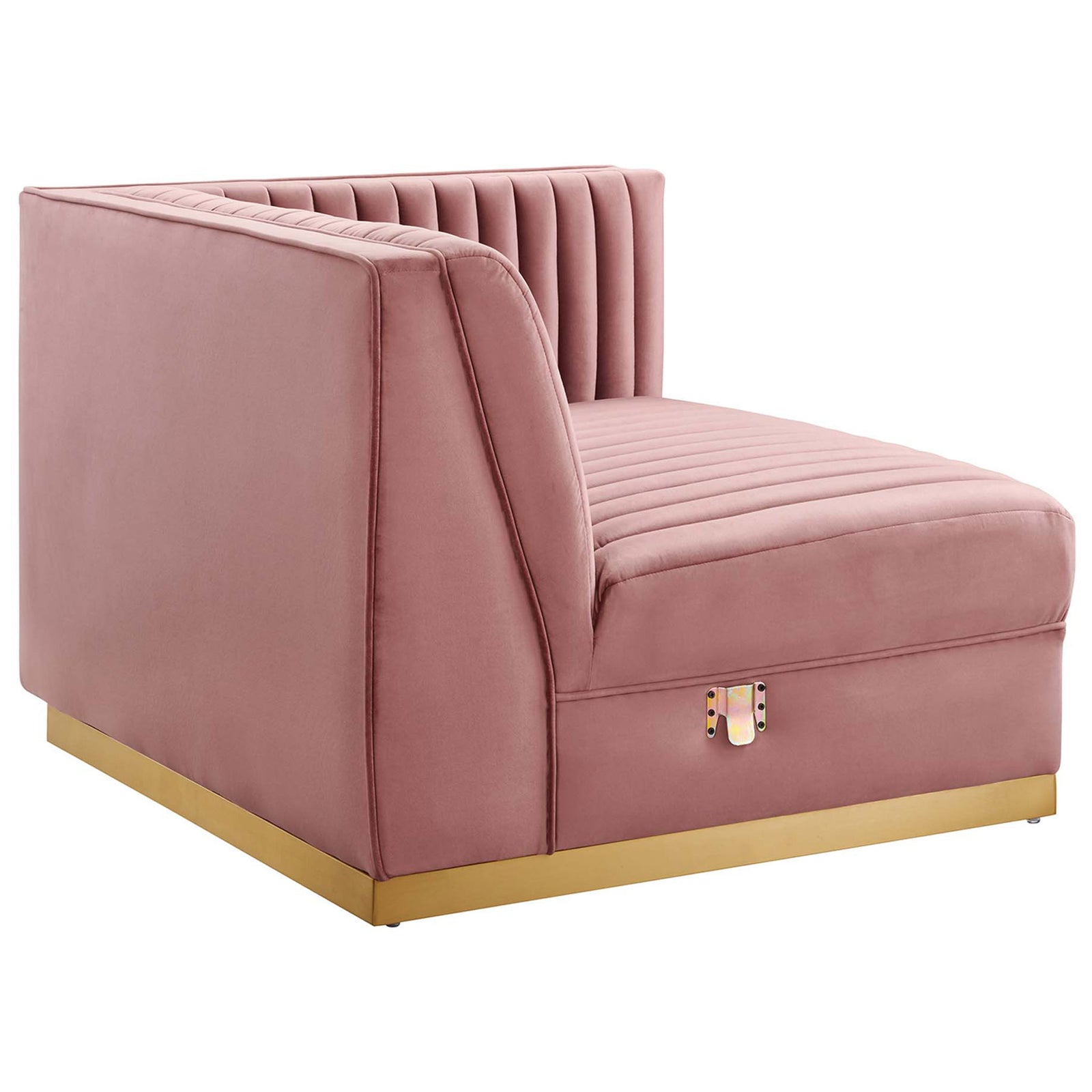 Dusty rose sectional end chair highlighting smooth back, tailored seams, and gold base trim. || EEI-5826-DUS || back_angle_partial_studio