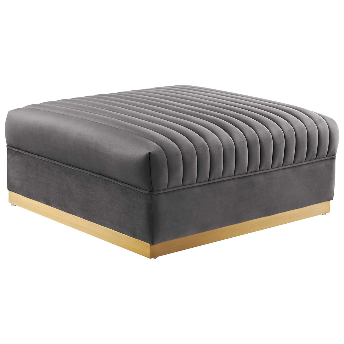 Plush gray velvet channel tufted ottoman module with generous seat and gold base || EEI-5826-GRY || front_angle_partial_studio