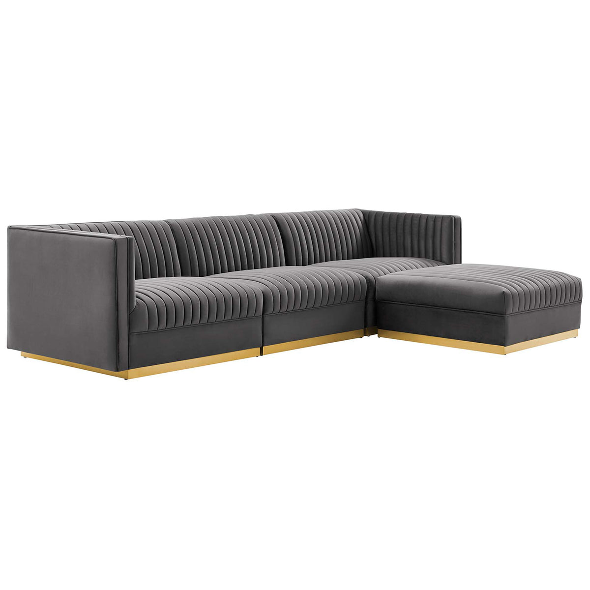 Spacious gray velvet modular sectional with right chaise and glam gold base || EEI-5826-GRY || front_angle_studio