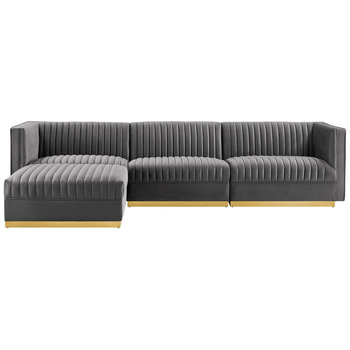Gray channel tufted velvet sectional with left chaise and sleek gold-finished base || EEI-5826-GRY || front_studio