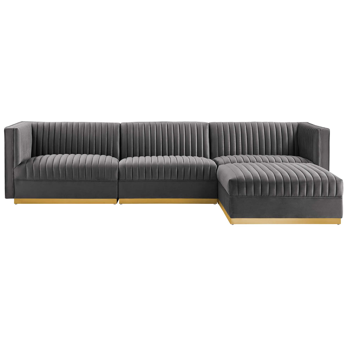 Gray velvet channel tufted modular sectional with chaise and gleaming gold base || EEI-5826-GRY || front_studio