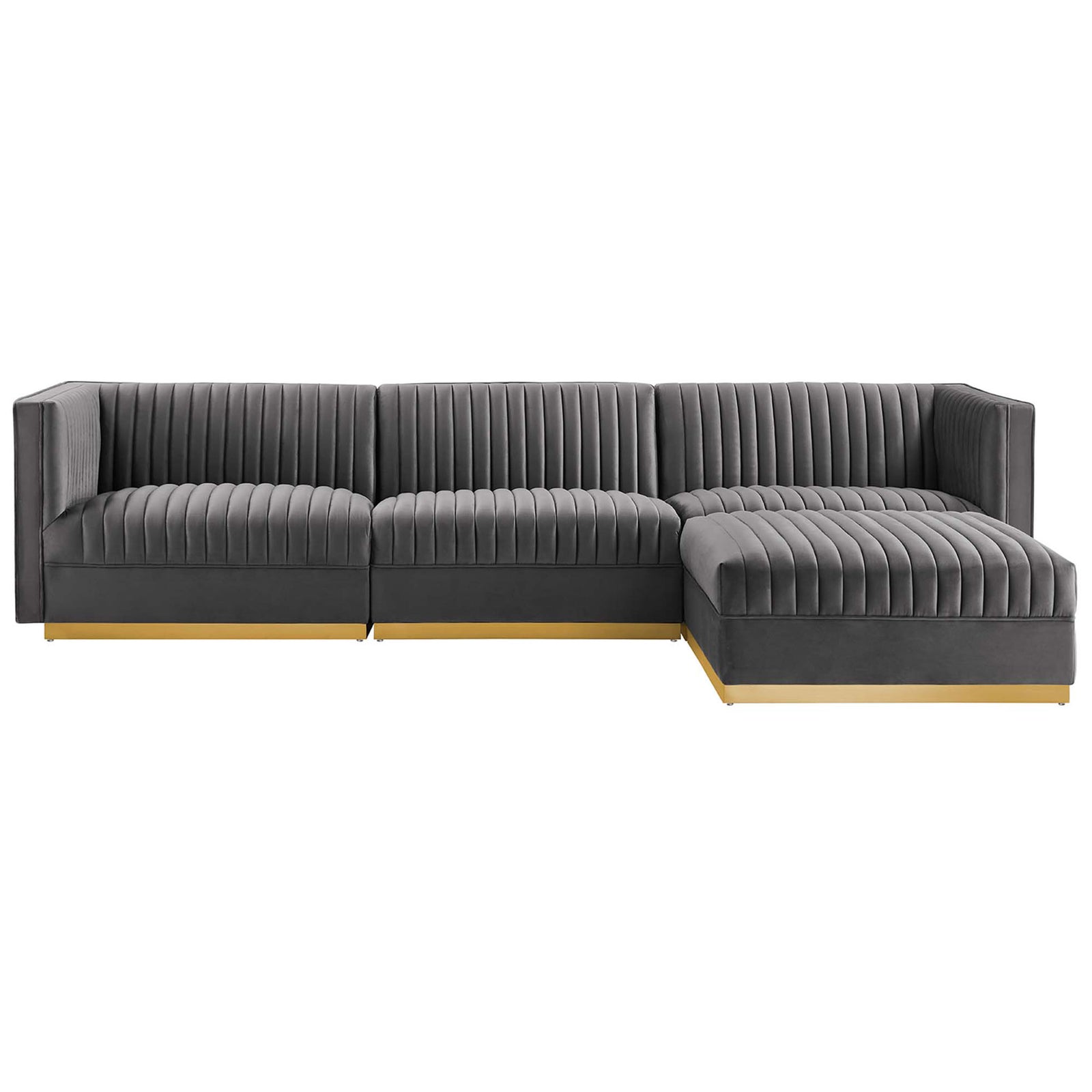 Gray velvet channel tufted modular sectional with chaise and gleaming gold base || EEI-5826-GRY || front_studio