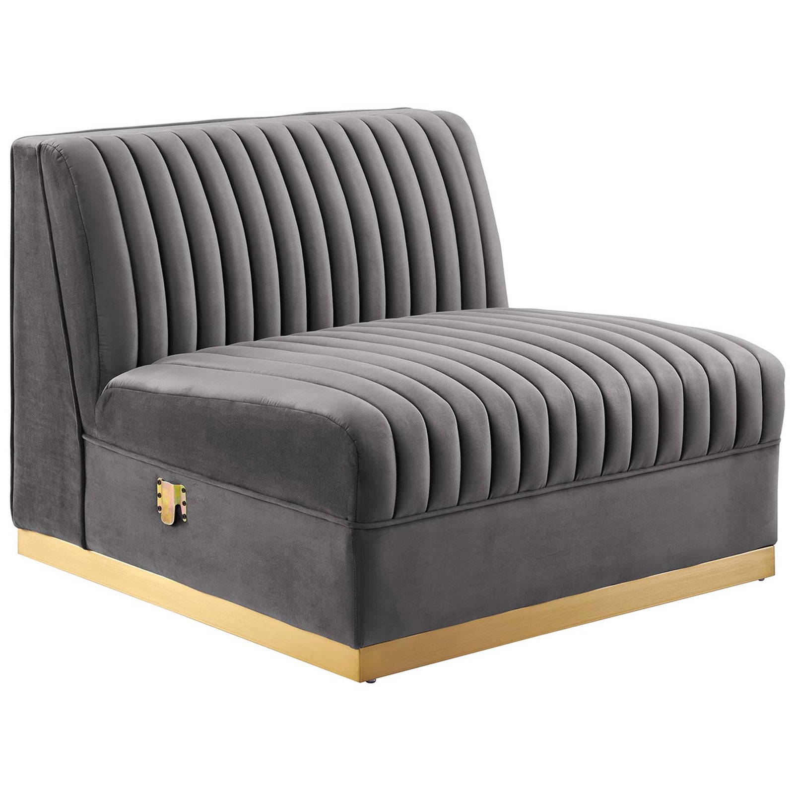 Gray channel tufted armless modular chair with plush seat and gold base || EEI-5826-GRY || front_angle_partial_studio