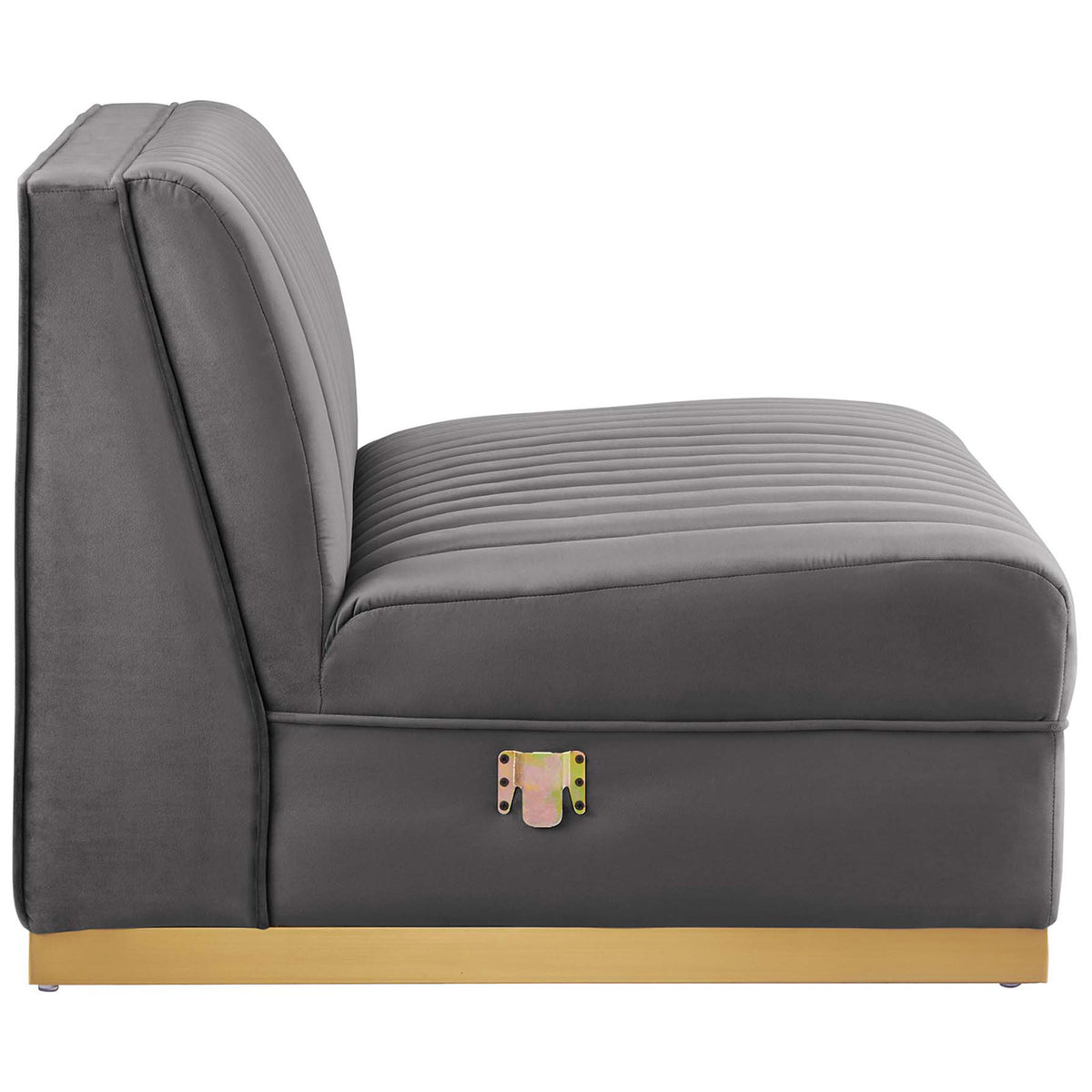 Streamlined low-profile armless chair module in gray velvet with gold base || EEI-5826-GRY || side_partial_studio