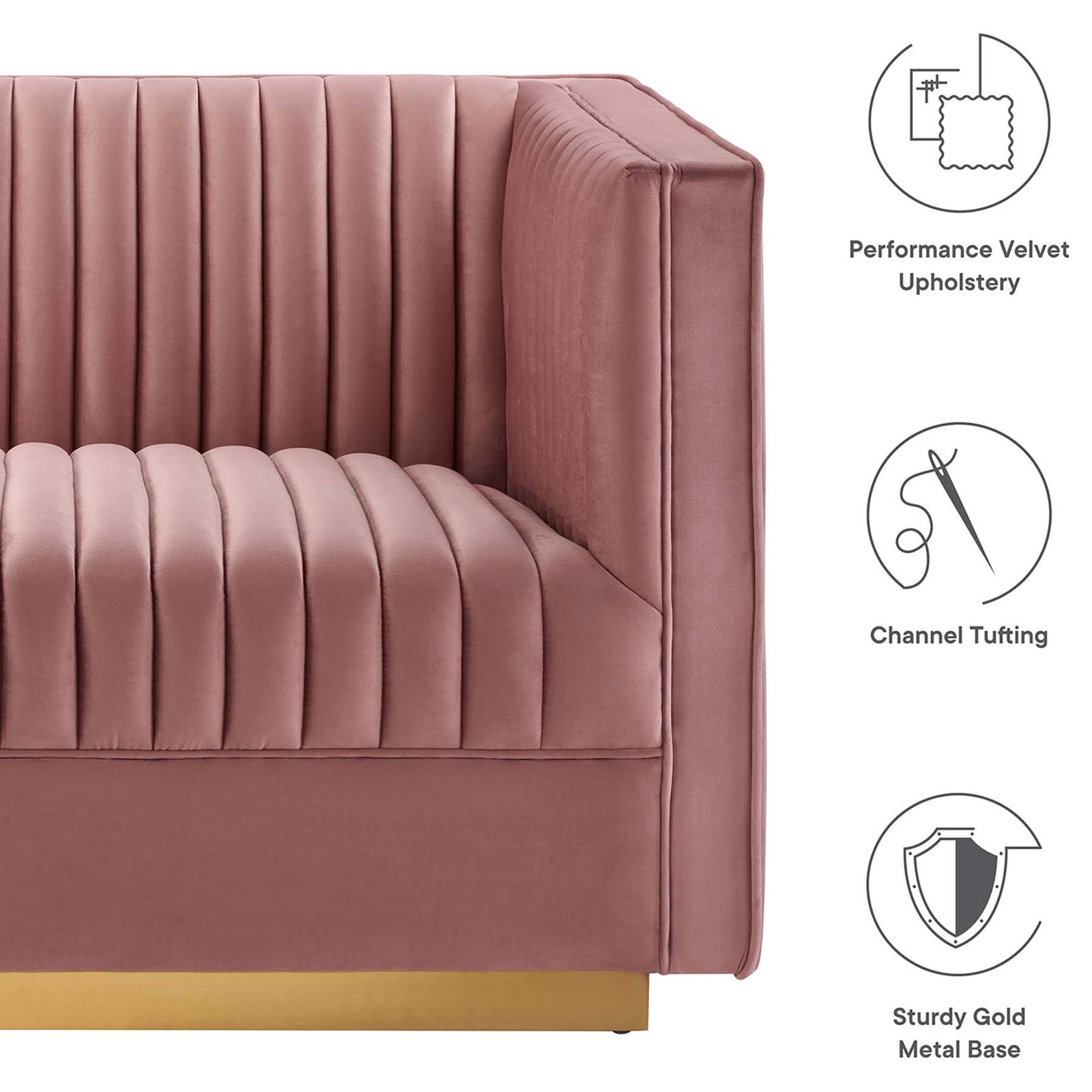 Feature graphic highlighting performance velvet upholstery, channel tufting, and a sturdy gold metal base. || EEI-5827-DUS || callout_studio