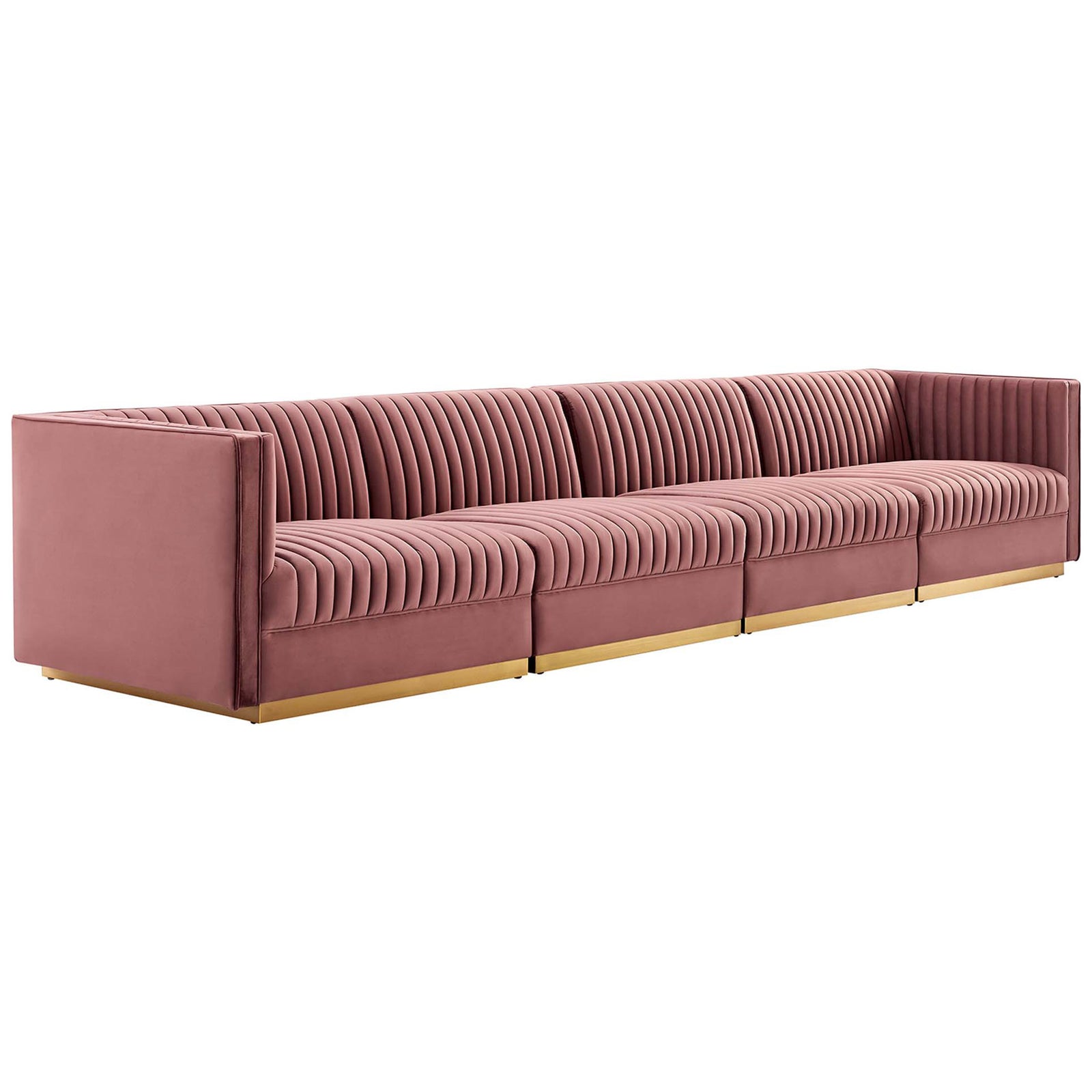Dusty rose modular velvet sectional with channel tufting and gold base styled for glam living rooms. || EEI-5827-DUS || front_angle_studio