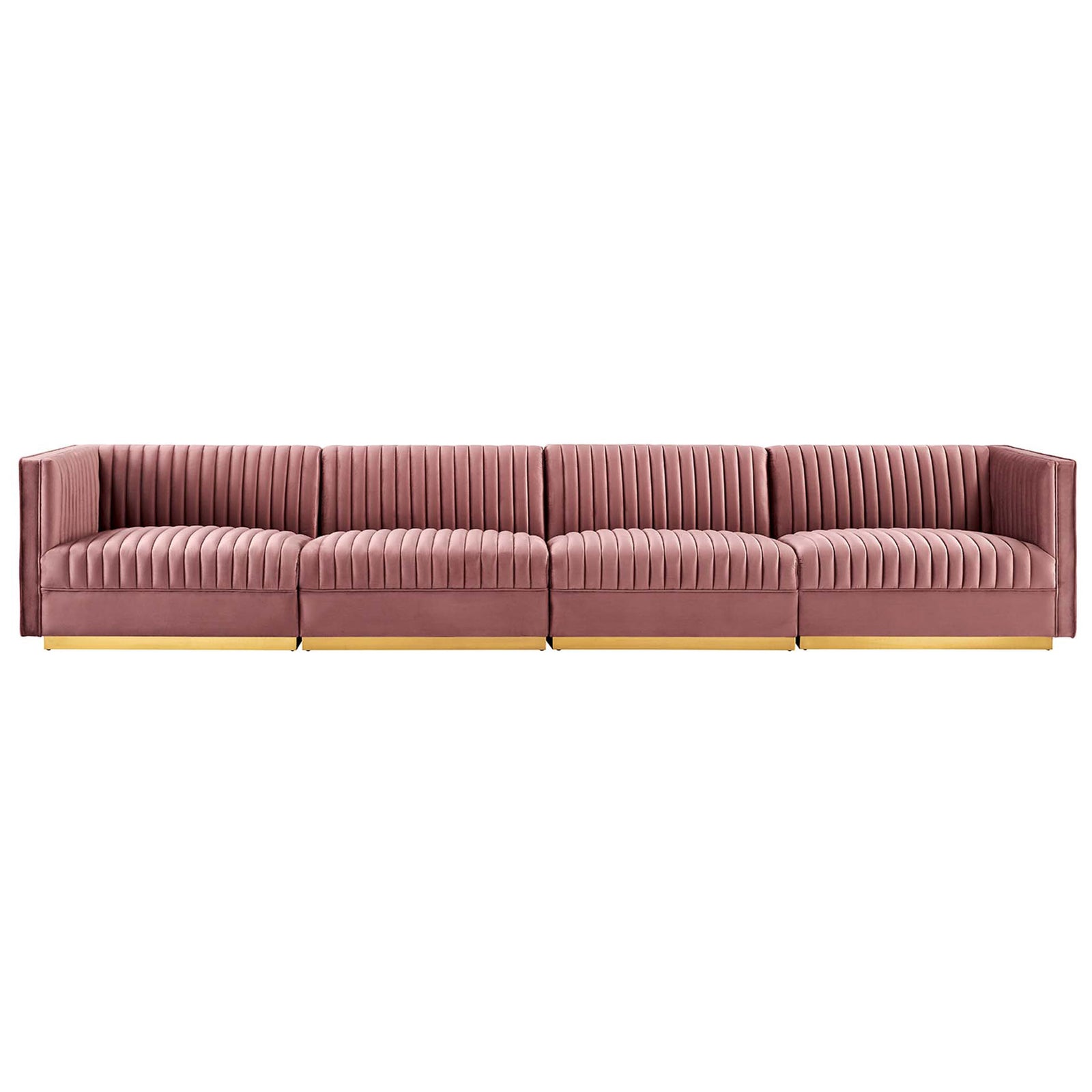 Four seat performance velvet sectional sofa in dusty rose with vertical channel tufting and gold base. || EEI-5827-DUS || front_studio