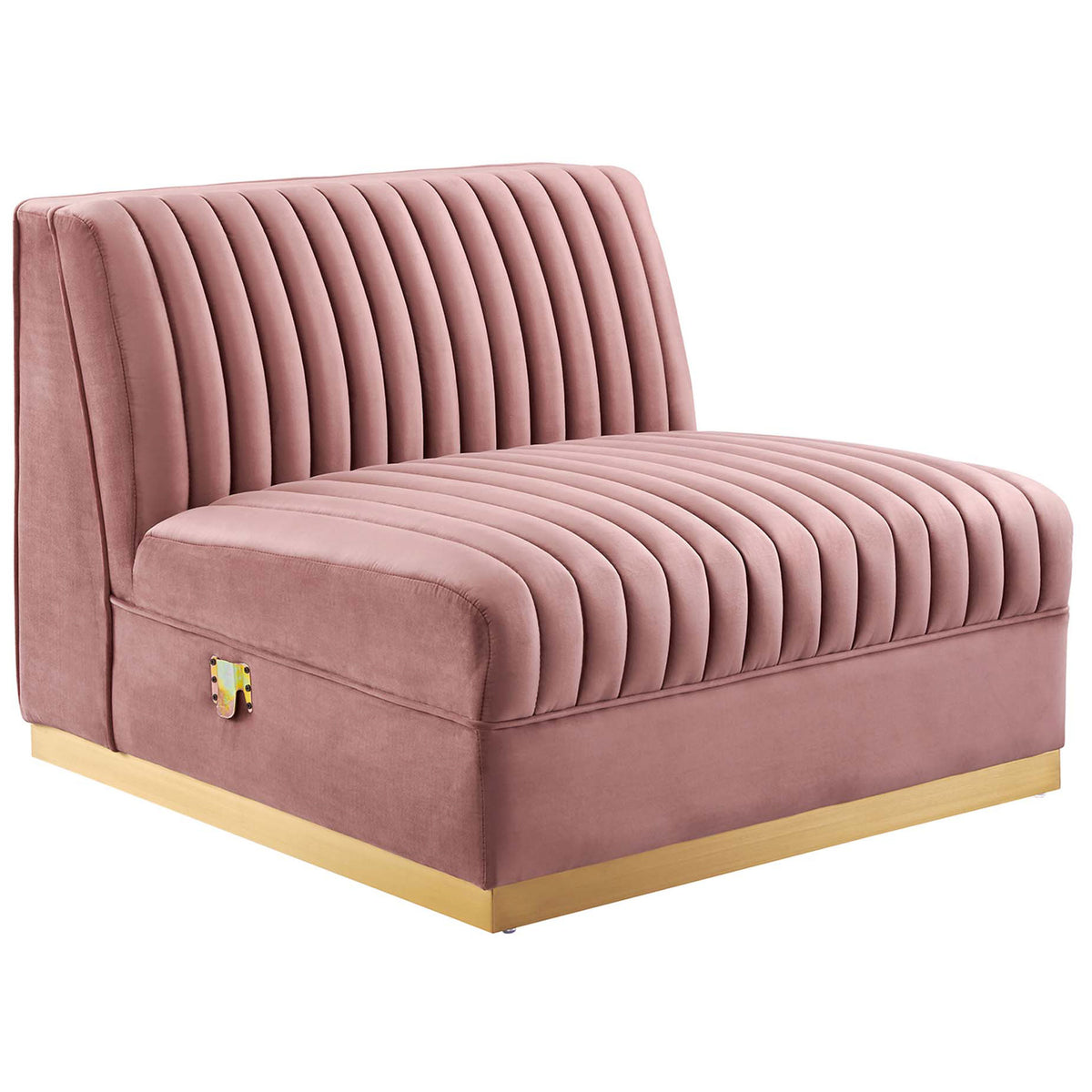 Single armless modular chair in dusty rose performance velvet with vertical channel tufting and gold base. || EEI-5827-DUS || front_angle_partial_studio