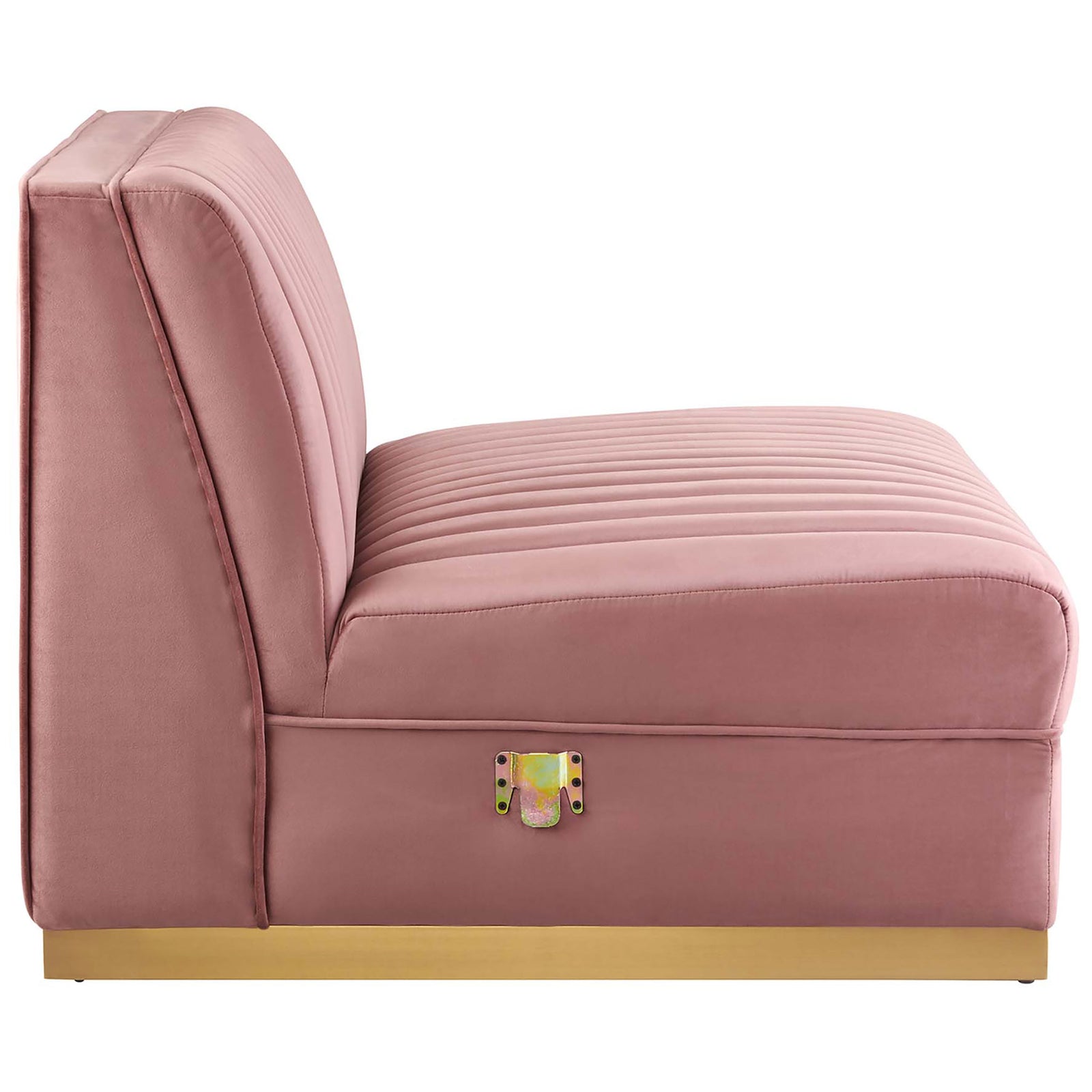 Low profile modular seat showing thick cushioning, channel tufting, and discreet modular connectors. || EEI-5827-DUS || side_partial_studio