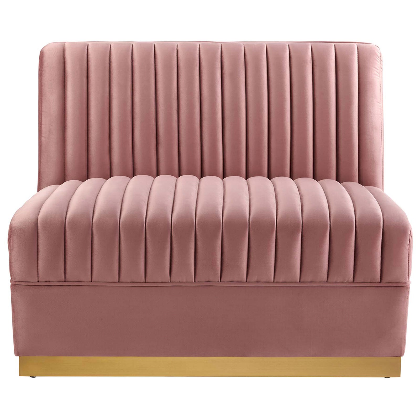 Armless modular seat with generous channel tufting and plush dusty rose performance velvet upholstery. || EEI-5827-DUS || front_partial_studio
