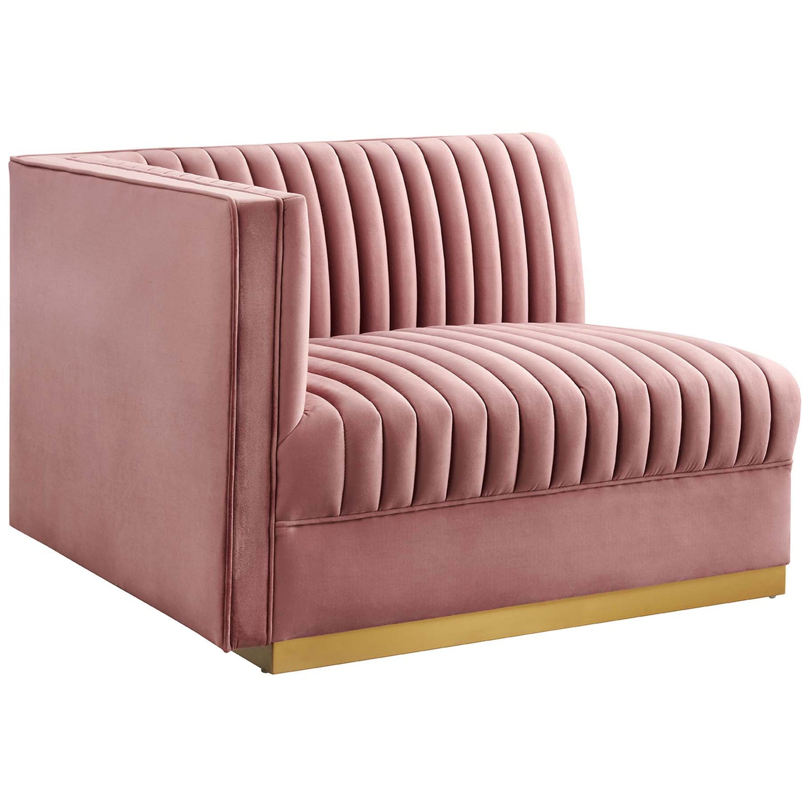 One arm modular sectional chair in dusty rose velvet with clean lines, channel tufting, and gold tone base. || EEI-5827-DUS || front_angle_partial_studio