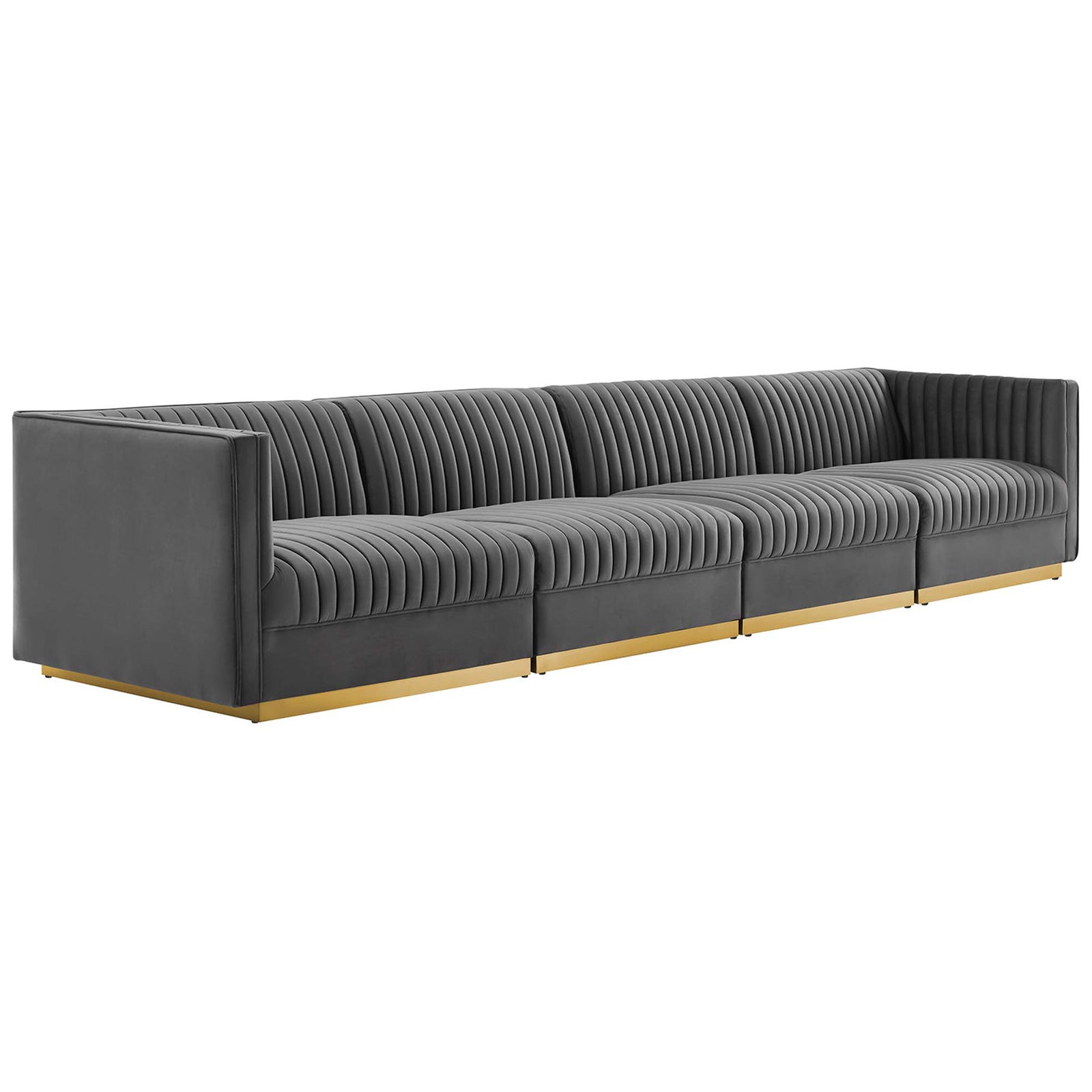 Long gray channel tufted velvet sectional sofa with low profile and gold metal base for modern glam seating || EEI-5827-GRY || front_angle_studio