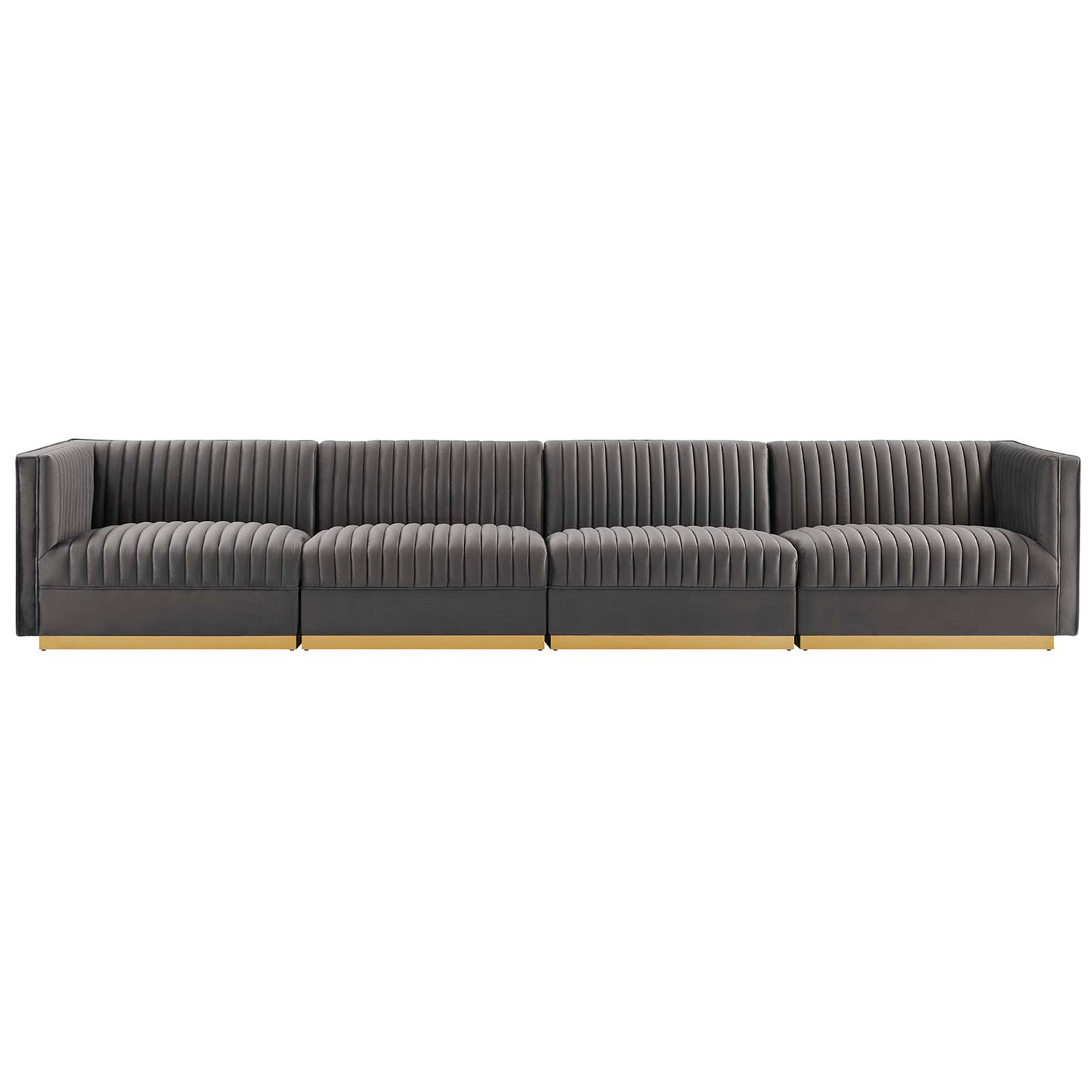 Spacious gray velvet modular sectional with deep vertical channel tufting and gold metal base for chic living rooms || EEI-5827-GRY || front_studio
