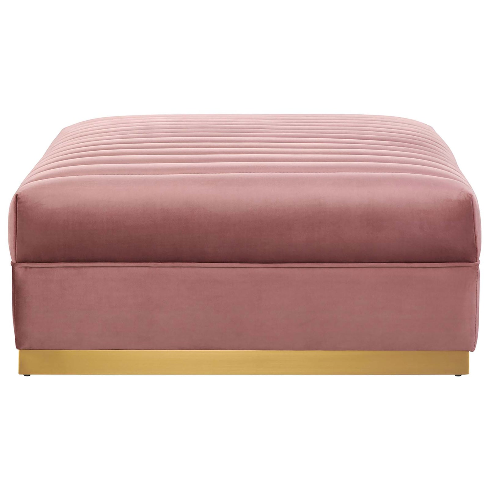 Rectangular dusty rose velvet ottoman featuring deep channel tufting and a sleek gold base || EEI-5828-DUS || side_partial_studio
