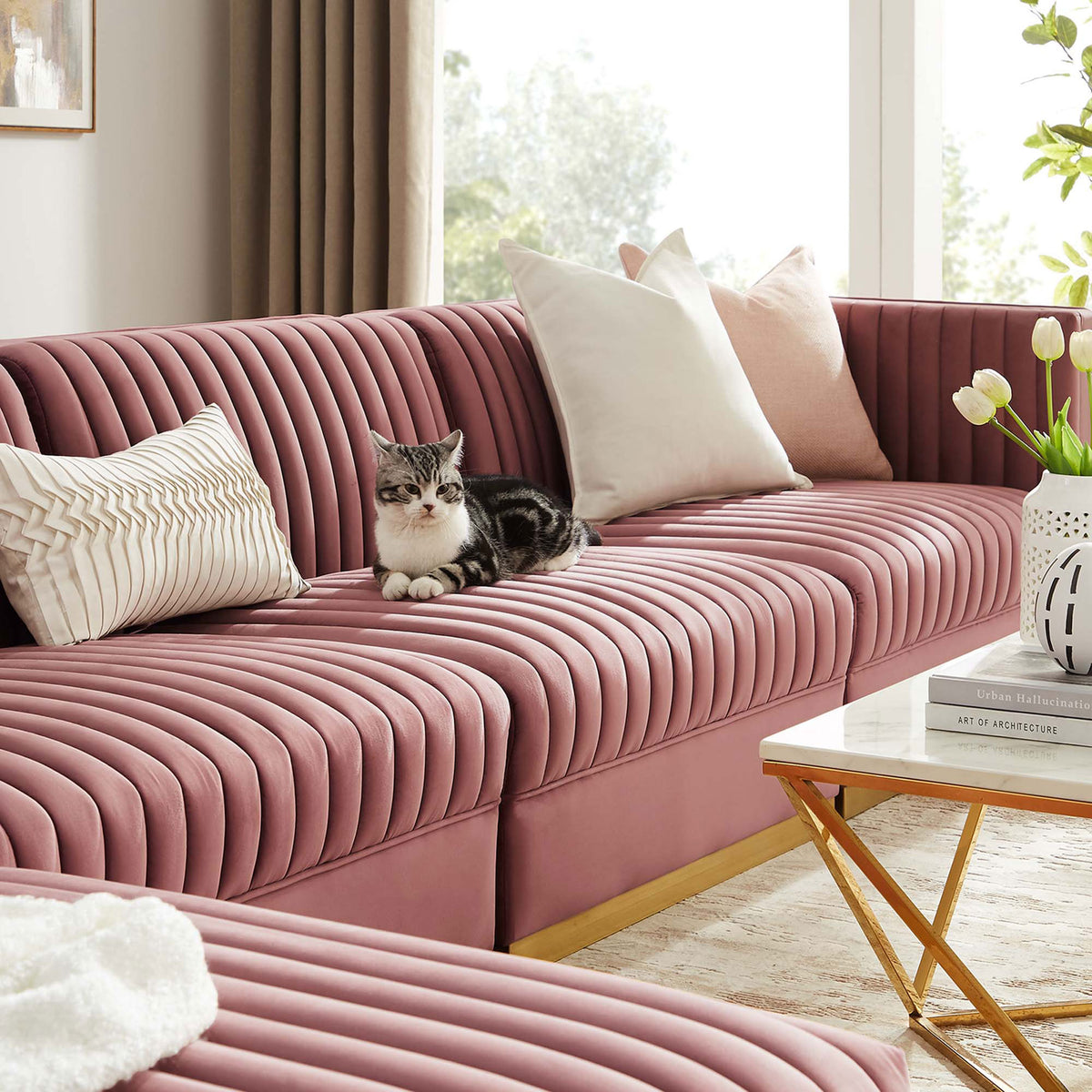 Dusty rose velvet sectional sofa styled with pillows and a cat resting on the channel-tufted seat || EEI-5828-DUS || detail_room