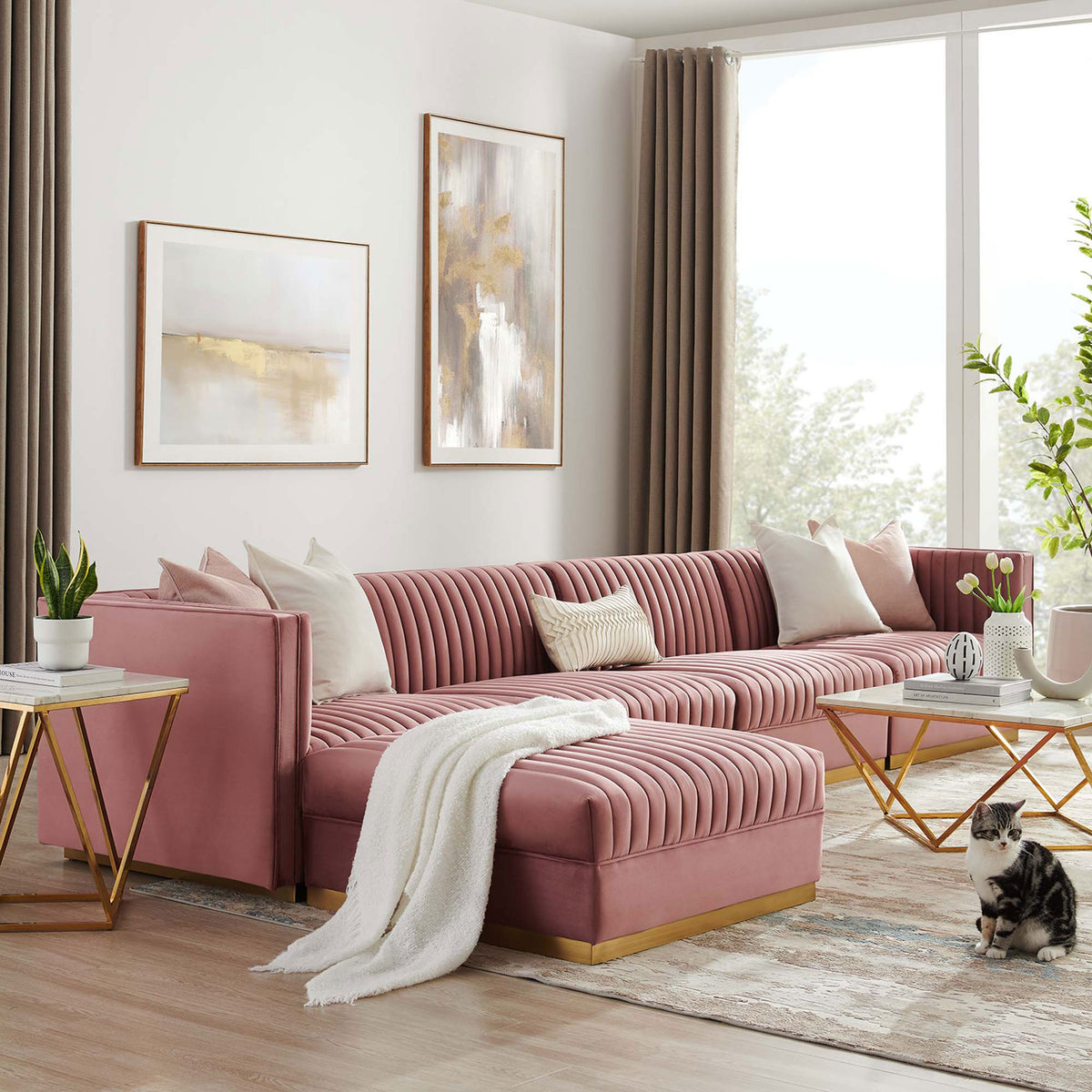 Dusty rose velvet modular sectional with chaise in a bright living room with gold accents || EEI-5828-DUS || front_angle_room