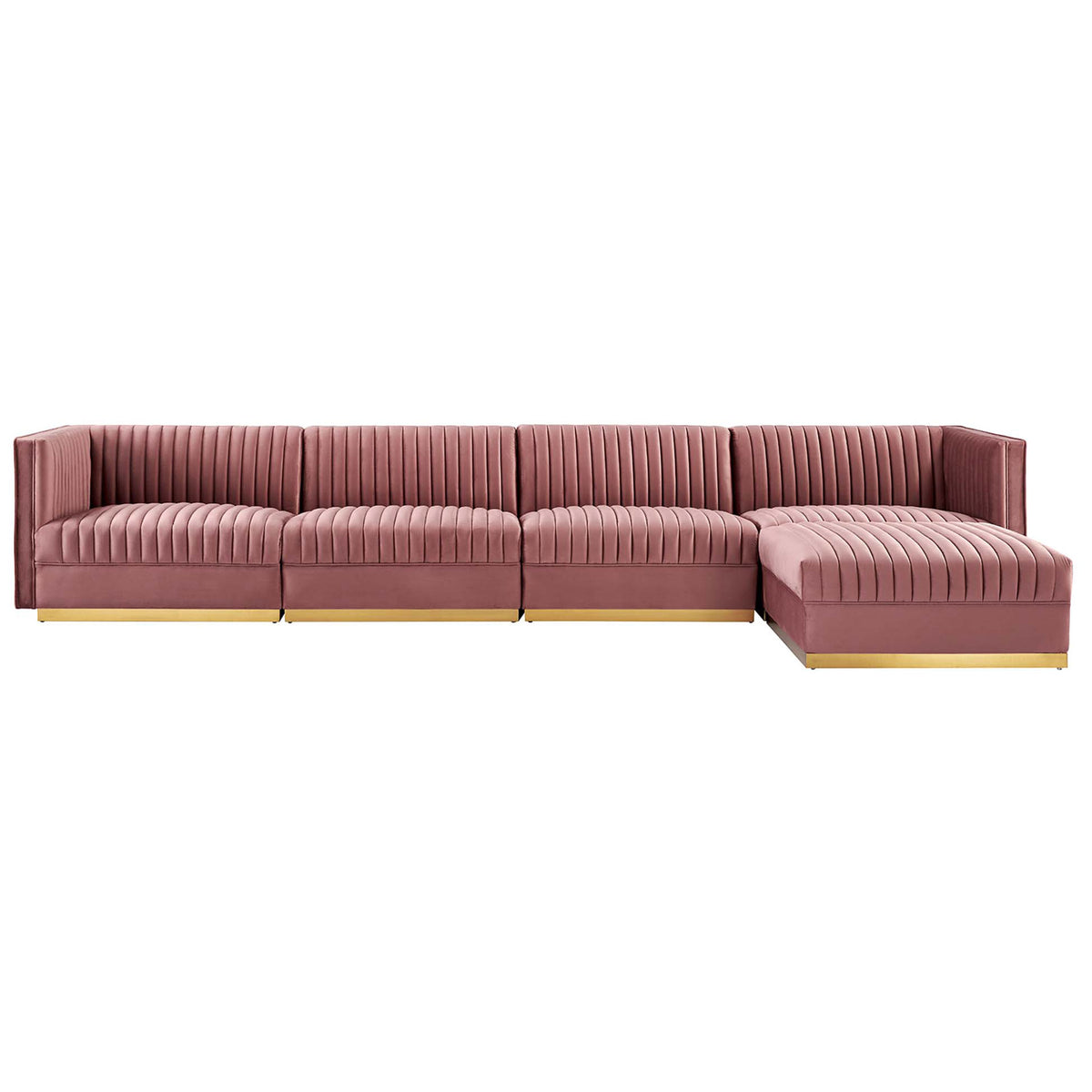 Dusty rose velvet modular sectional sofa with right chaise, channel tufting, and gold metal base || EEI-5828-DUS || front_angle_studio