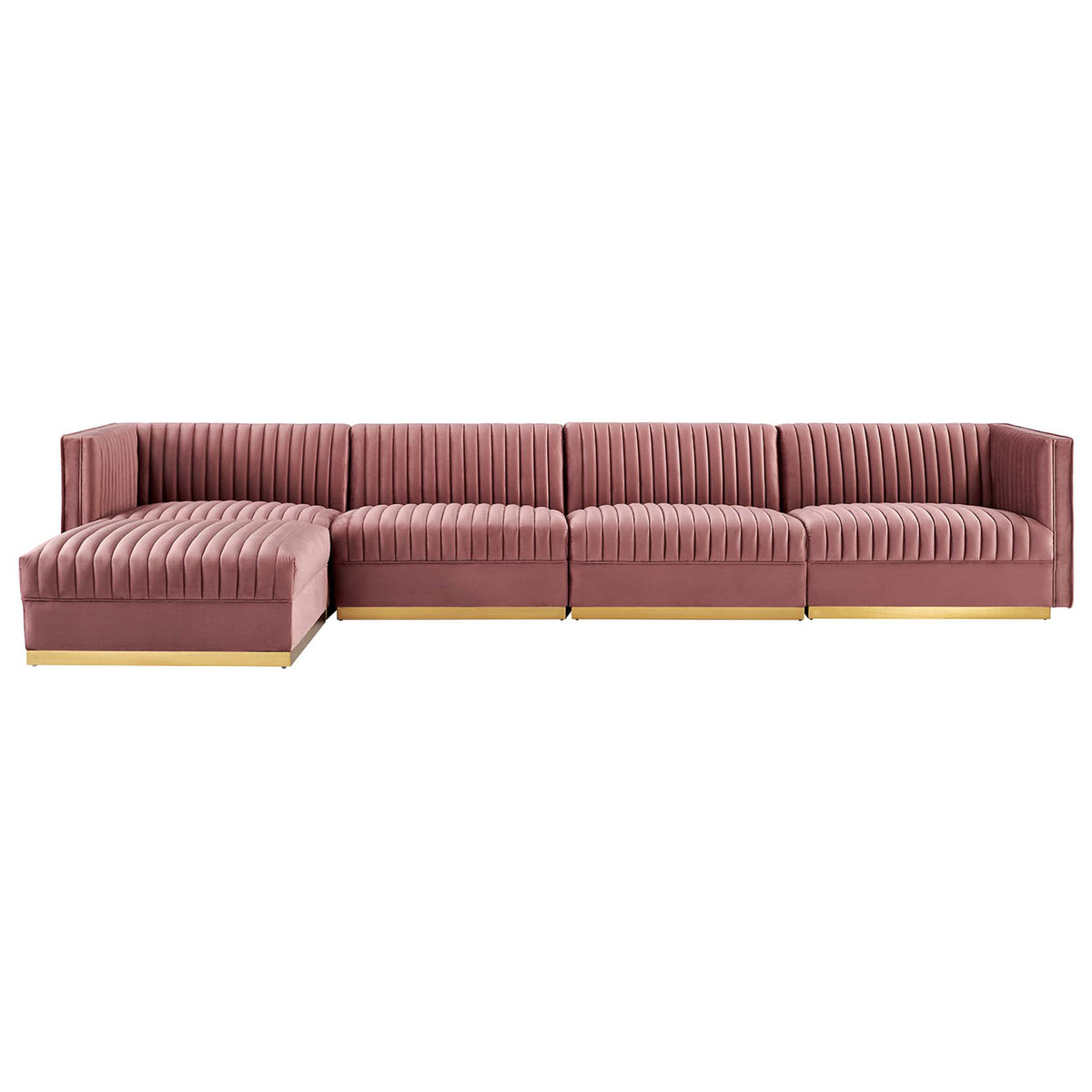 Dusty rose velvet sectional sofa with left chaise, deep channel tufting, and gleaming gold base || EEI-5828-DUS || front_angle_studio