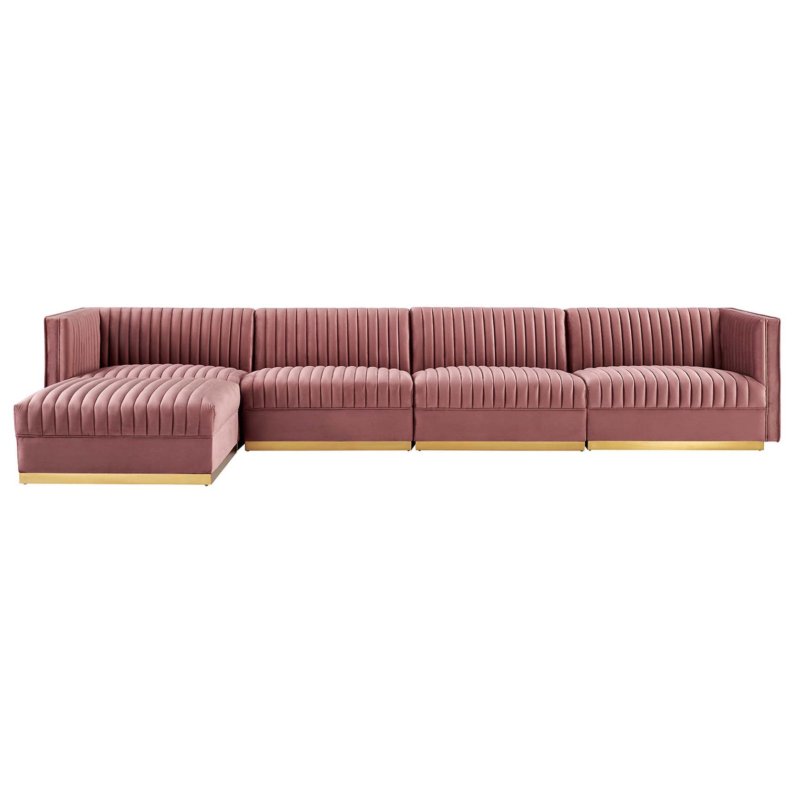 Dusty rose velvet sectional sofa with left chaise, deep channel tufting, and gleaming gold base || EEI-5828-DUS || front_angle_studio