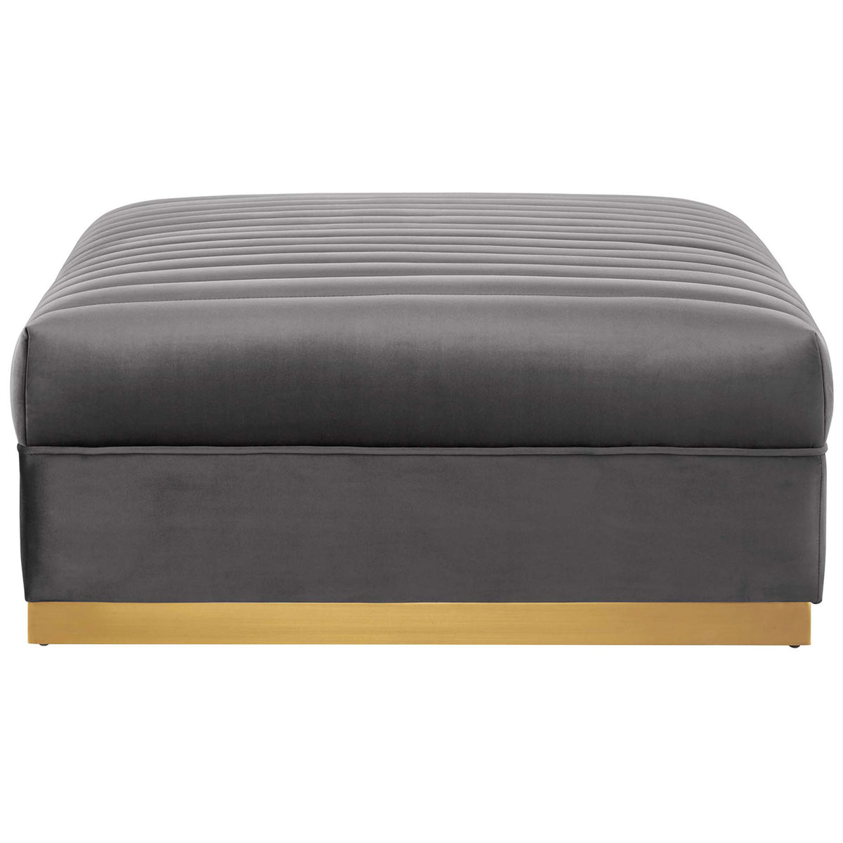 Front view of gray velvet channel-tufted ottoman designed to extend the modular sectional seating. || EEI-5828-GRY || side_partial_studio