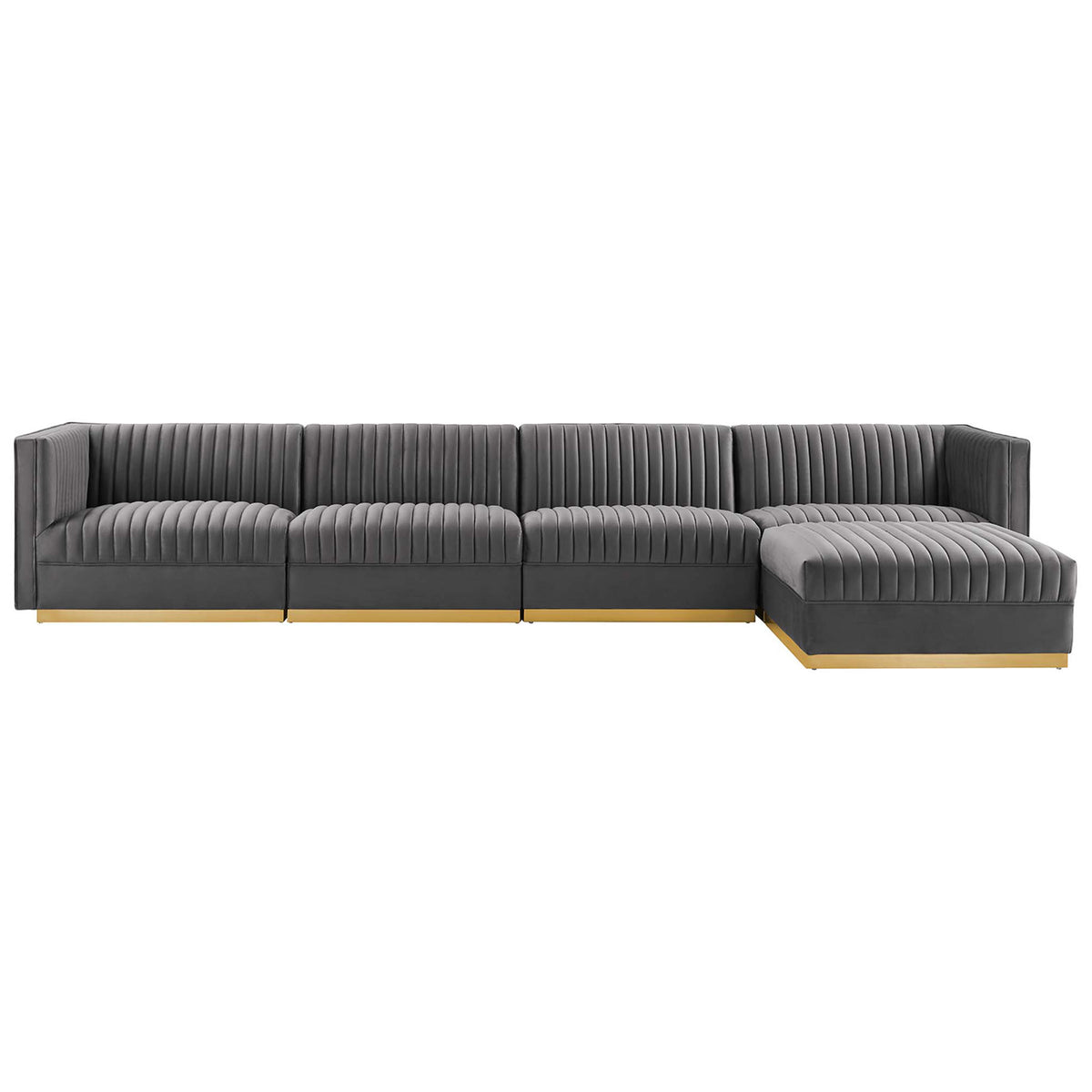 Gray velvet modular sectional with right chaise, vertical channel tufting, and sleek gold metal base. || EEI-5828-GRY || front_studio