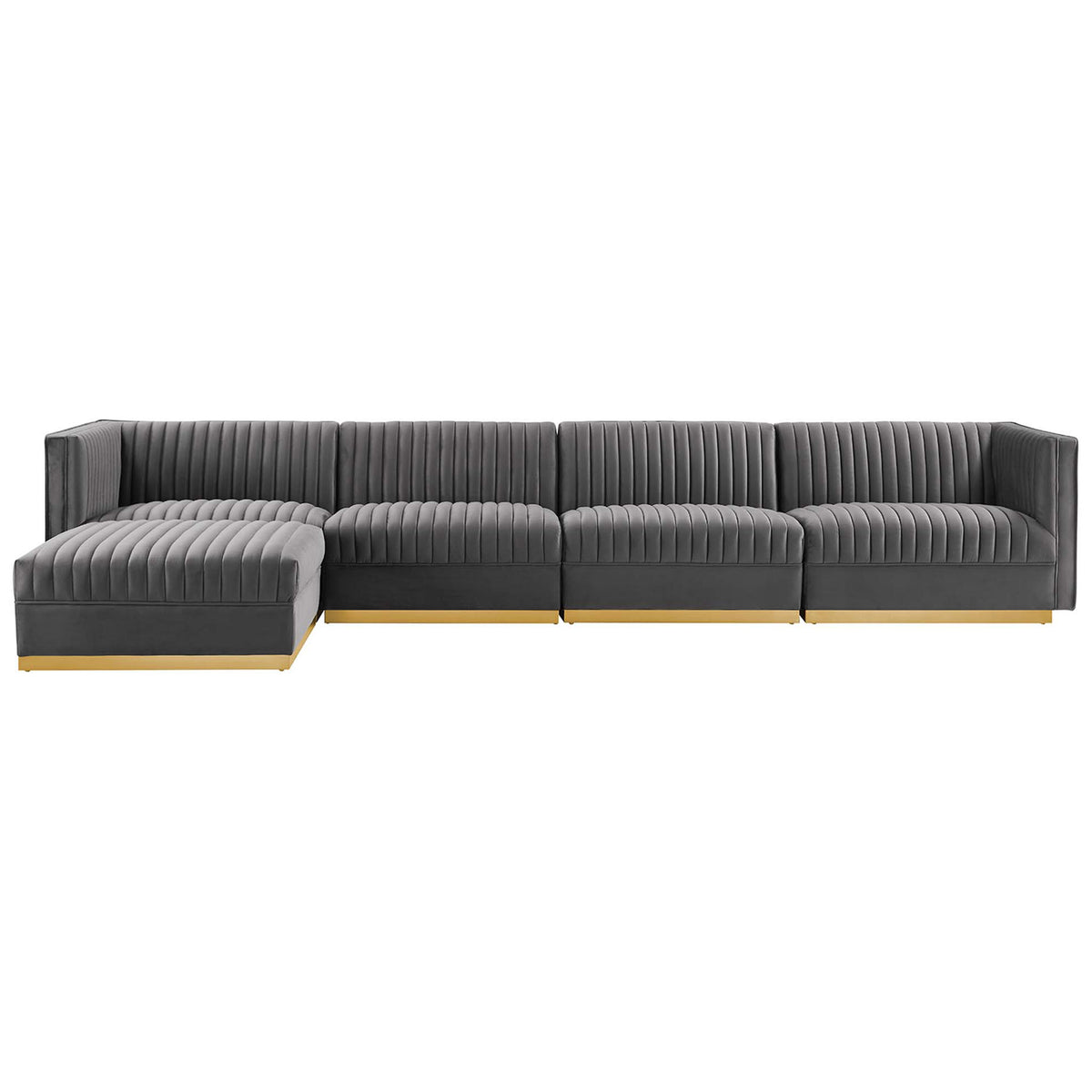 Gray velvet modular sectional with left chaise, bold channel tufting, and modern gold base. || EEI-5828-GRY || front_studio