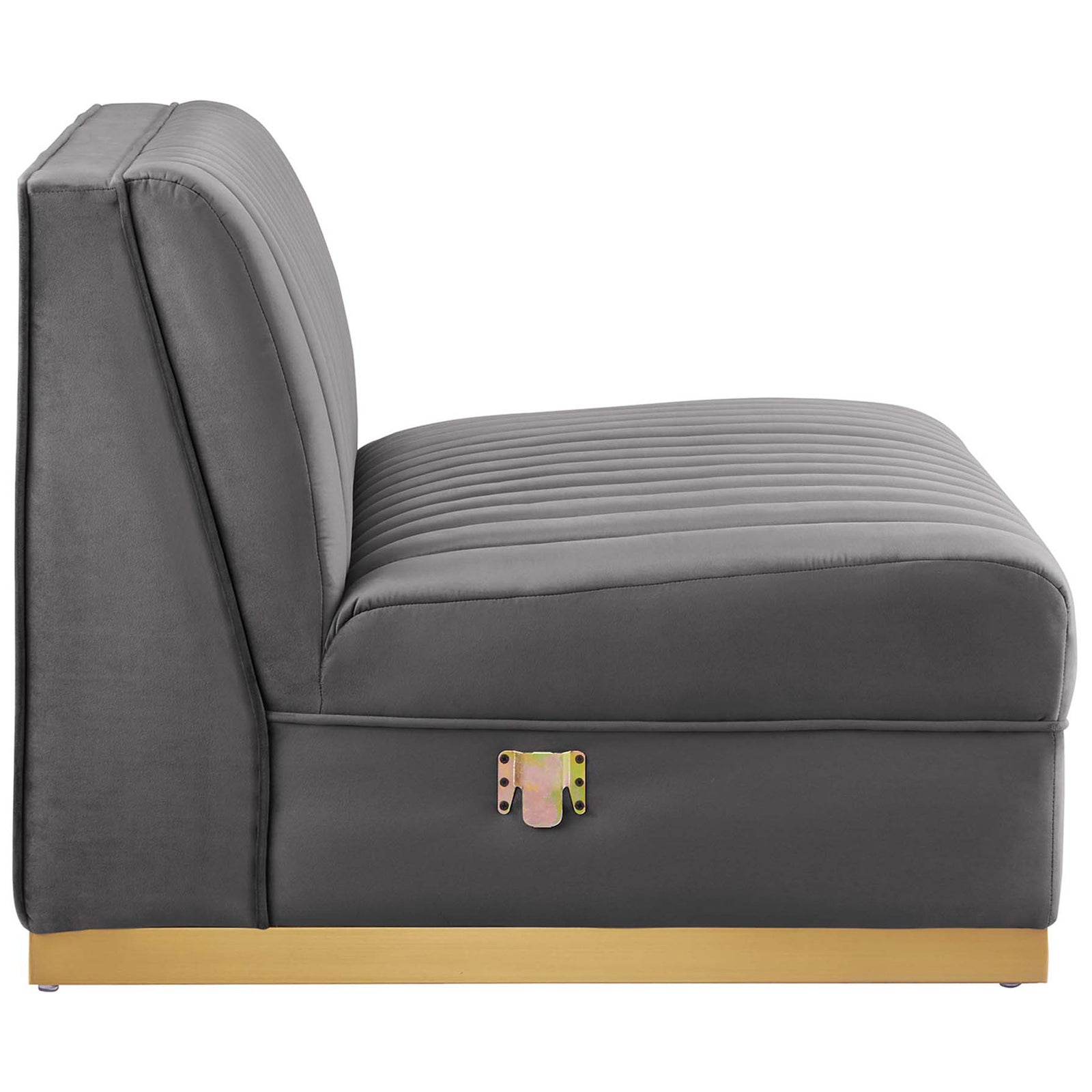 Side profile of gray velvet armless sectional seat highlighting plush cushioning and tailored channels. || EEI-5828-GRY || side_partial_studio