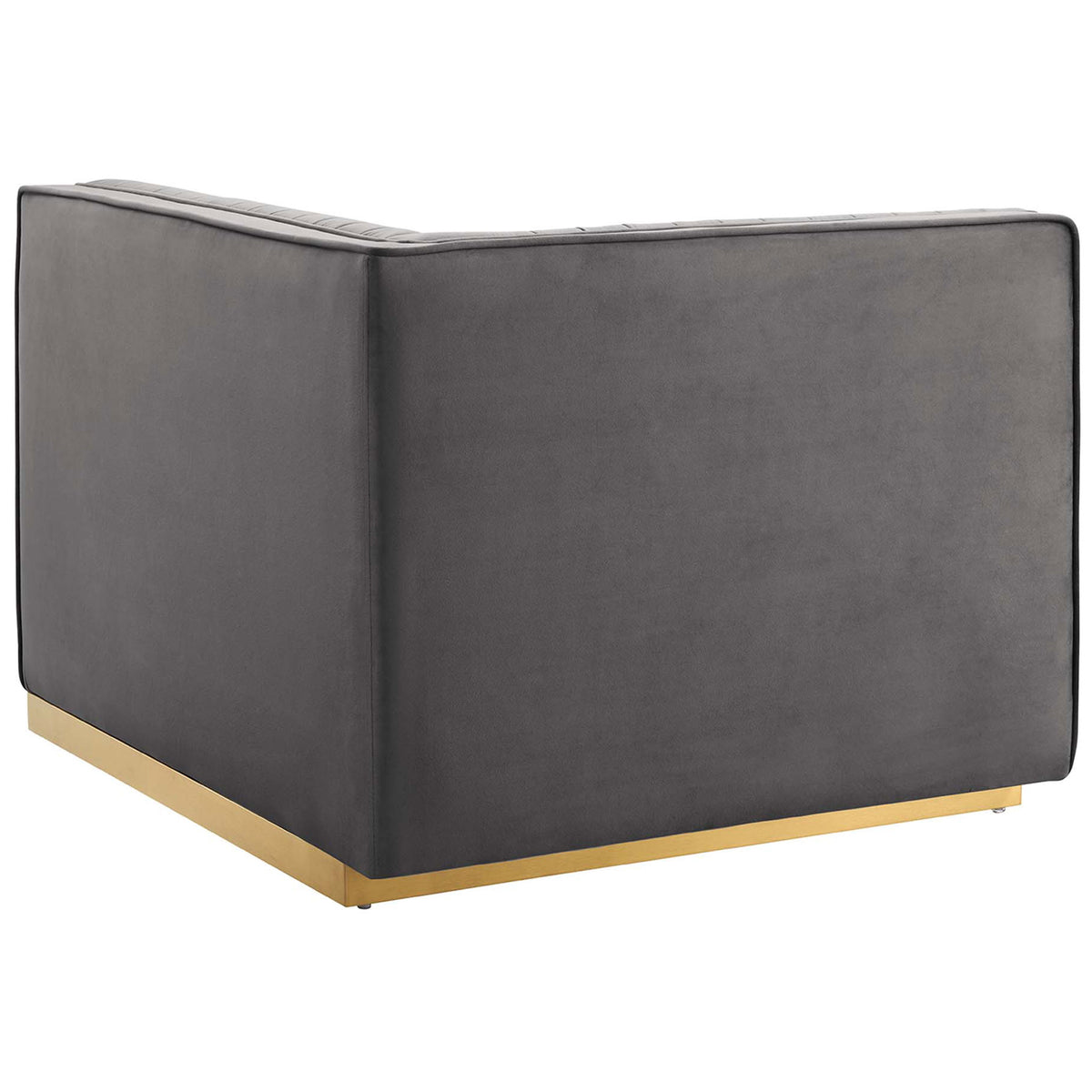 Back view of gray velvet corner sectional module with clean lines and a continuous gold base. || EEI-5828-GRY || back_partial_studio