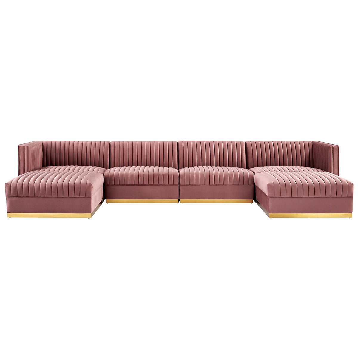 Dusty rose performance velvet modular sectional with vertical channel tufting and gold metal base || EEI-5841-DUS || front_studio