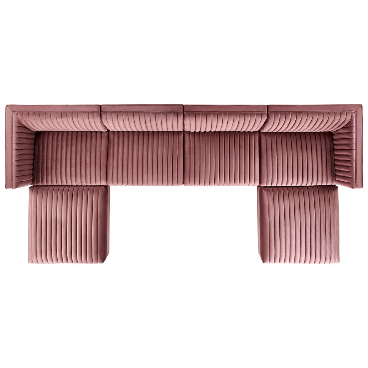 Modular sectional arranged to showcase generous seating and continuous vertical channel tufting || EEI-5841-DUS || top_studio
