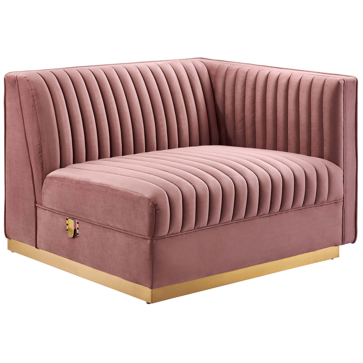 Corner modular seat with wraparound channel tufted back and plush dusty rose velvet upholstery || EEI-5841-DUS || front_angle_partial_studio