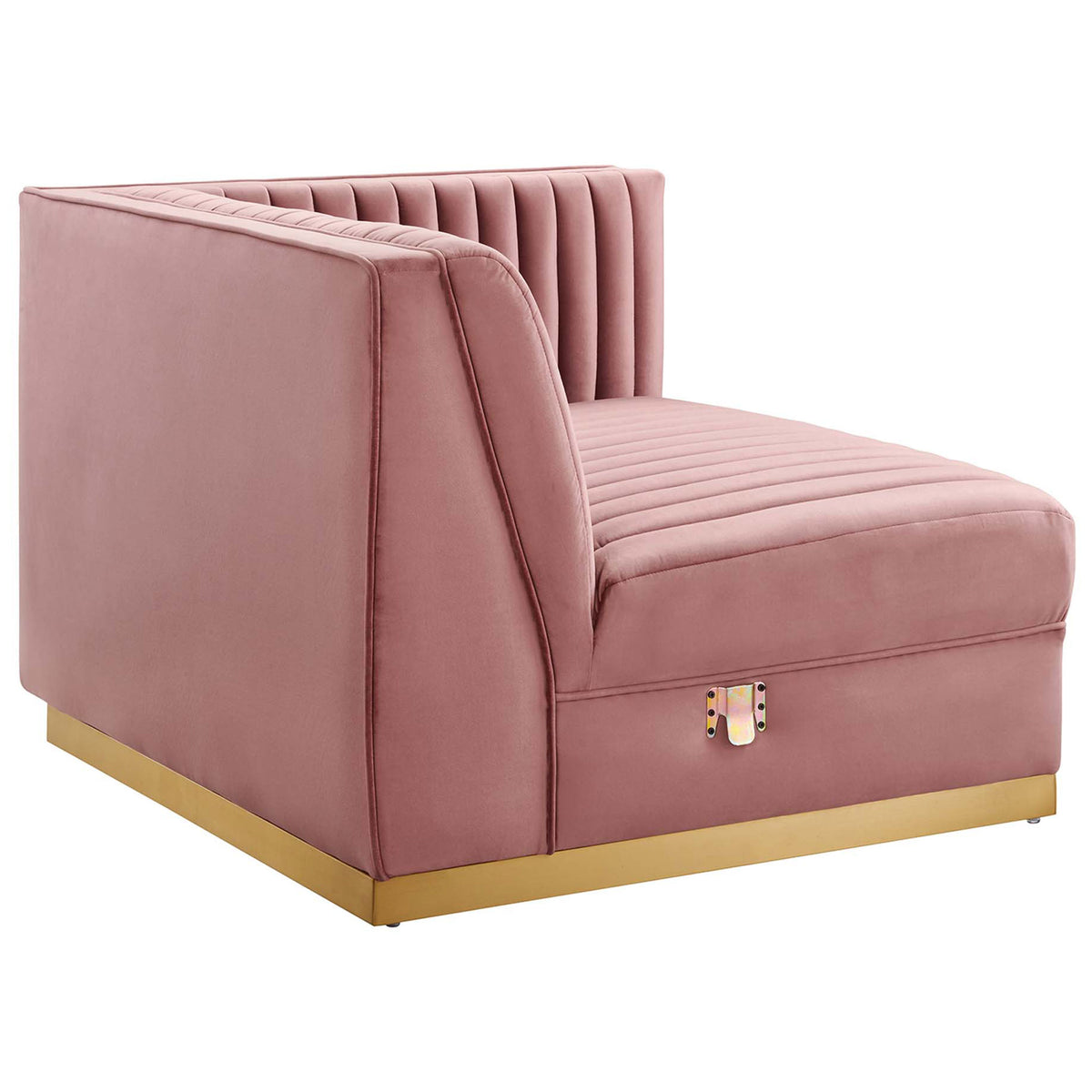 Corner module showcasing smooth upholstered sides and gold base that anchors the sectional design || EEI-5841-DUS || side_partial_studio