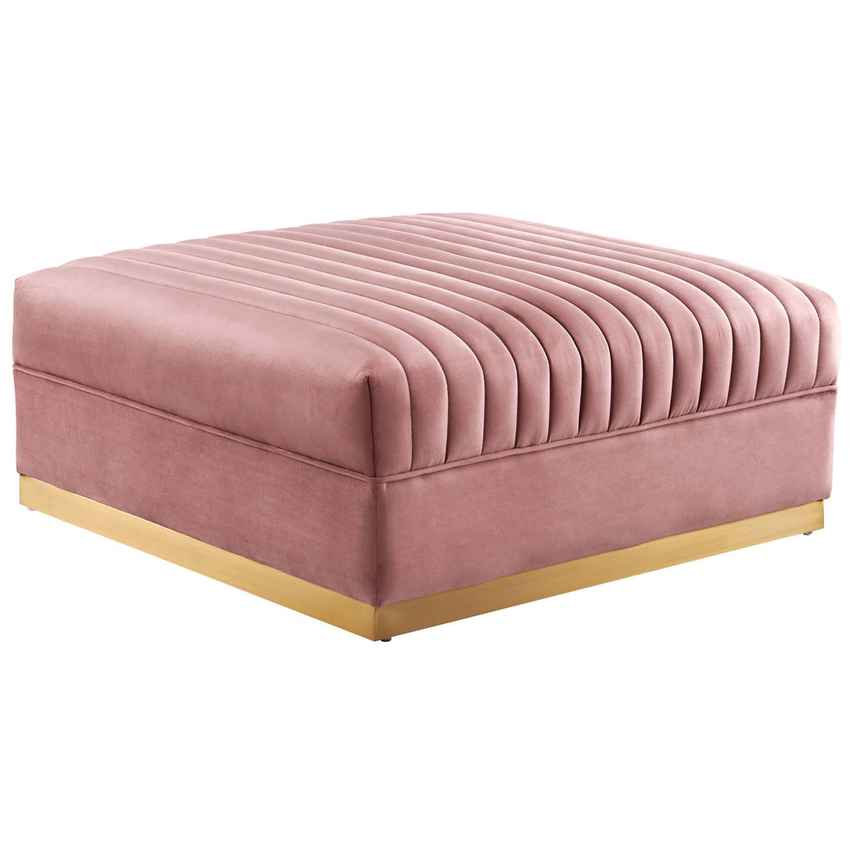 Channel tufted velvet ottoman module with plush top cushion and gold finished base || EEI-5841-DUS || front_angle_partial_studio
