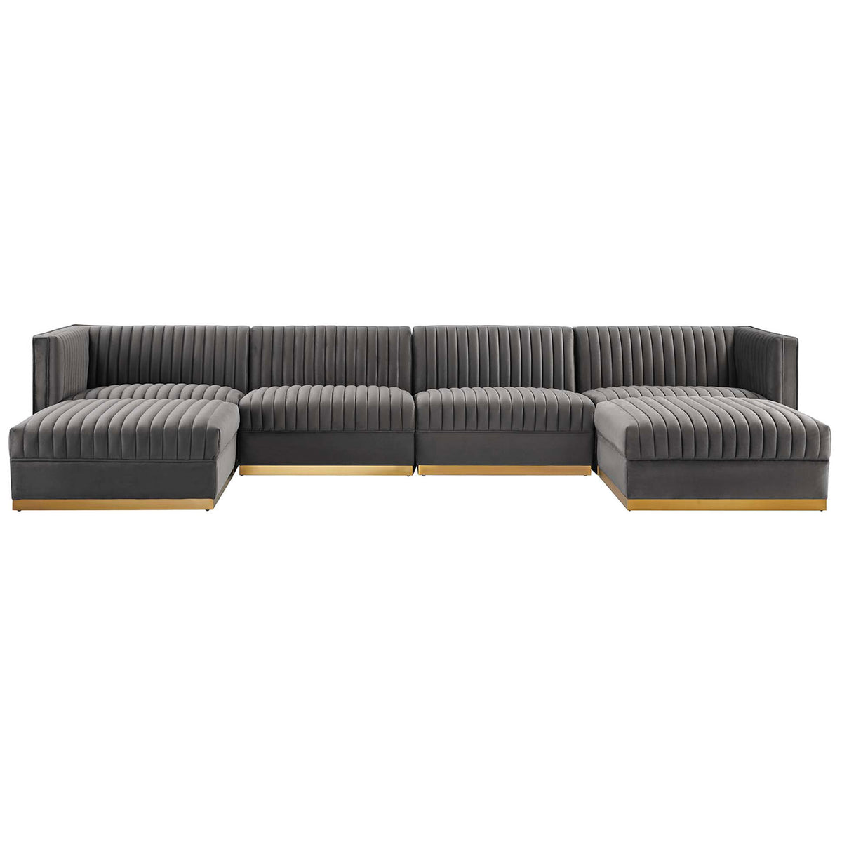 Spacious gray velvet modular sectional with vertical channel tufting and gold metal base. || EEI-5841-GRY || front_studio
