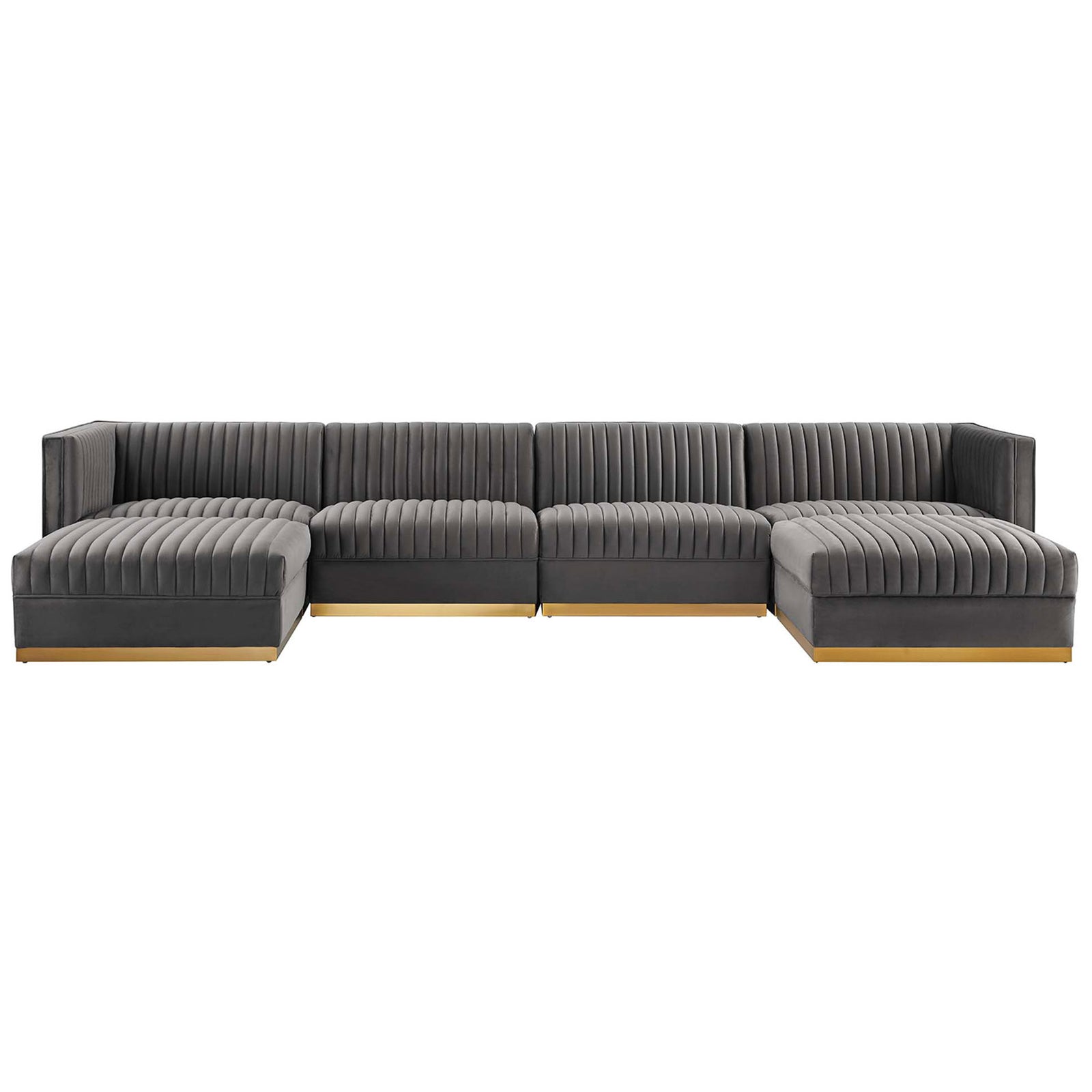 Spacious gray velvet modular sectional with vertical channel tufting and gold metal base. || EEI-5841-GRY || front_studio