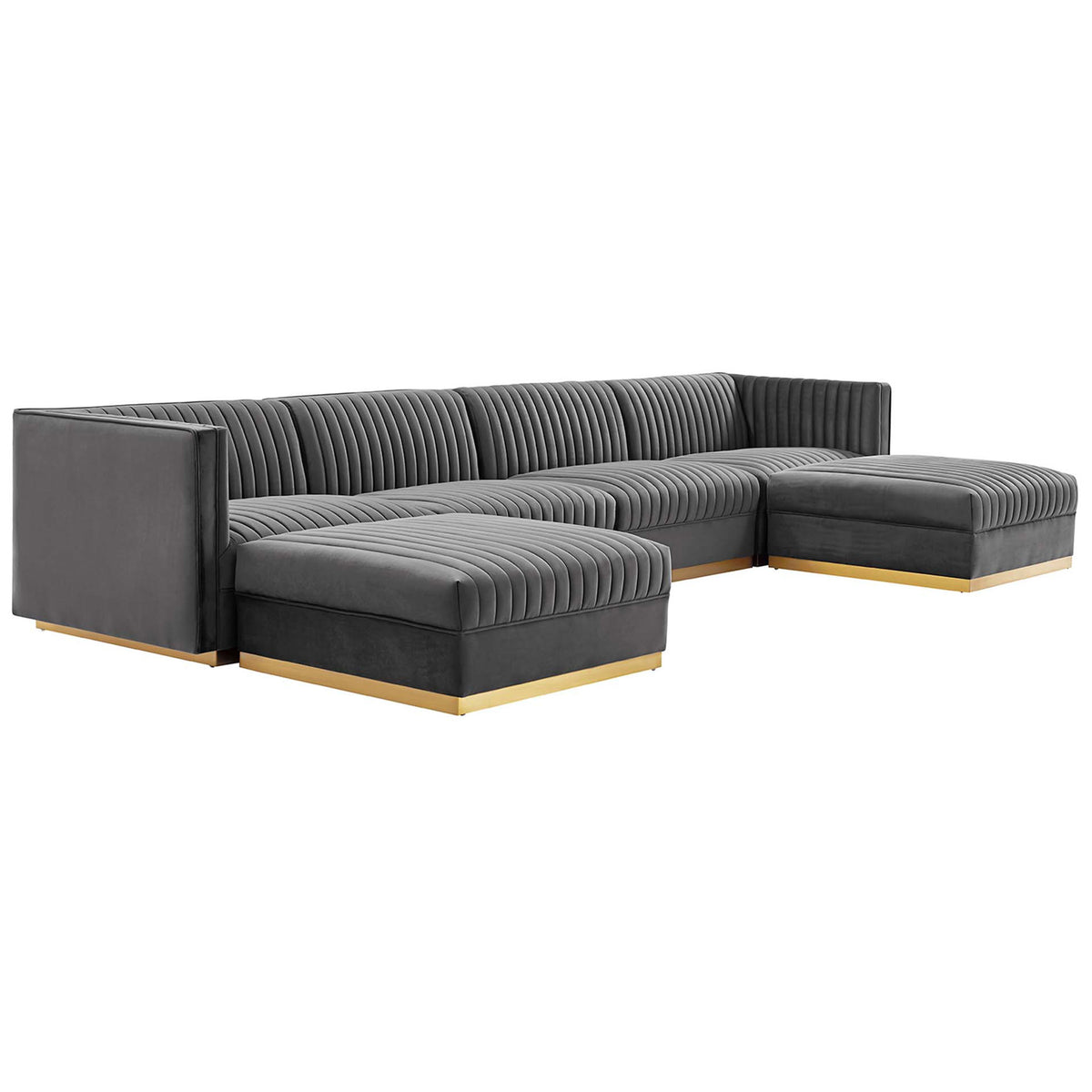 Gray performance velvet sectional sofa showcasing its generous seating, channel tufting, and gold base detail. || EEI-5841-GRY || front_angle_studio
